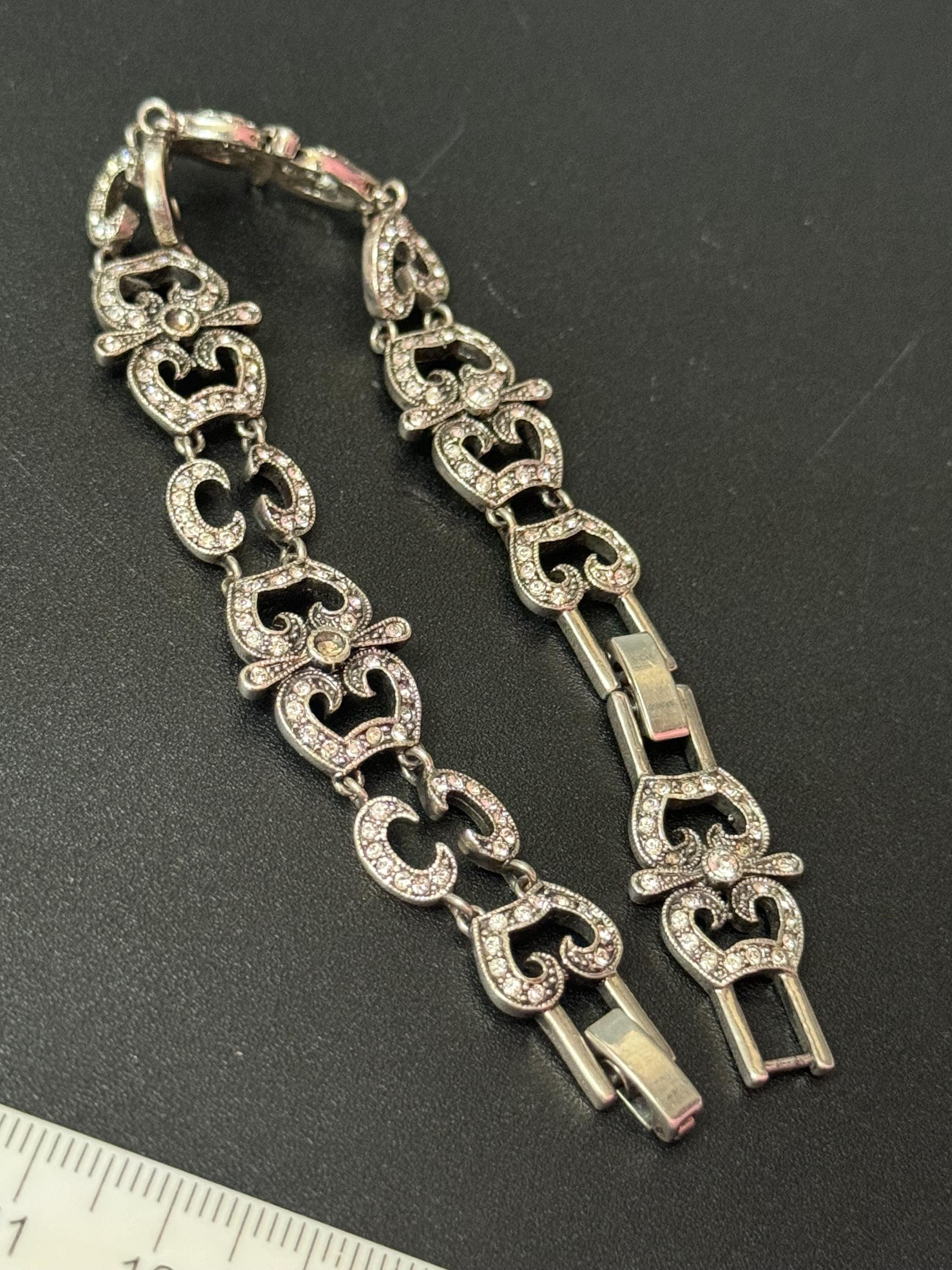 Signed JBK Jaqueline Kennedy vintage silver plated clear diamanté art deco panel bracelet with extender links