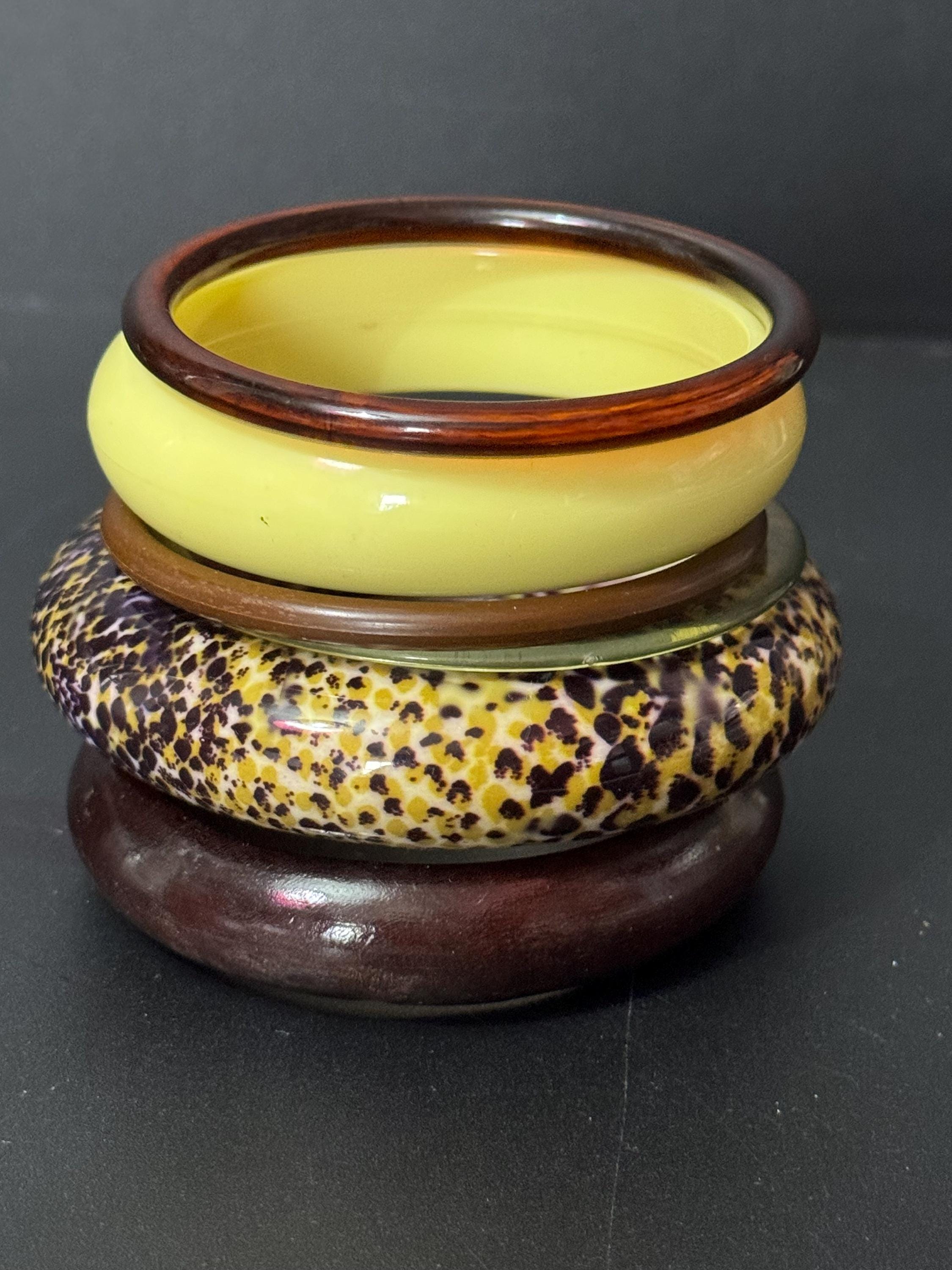 Cream brown yellow beige stack of vintage retro plastic bangles