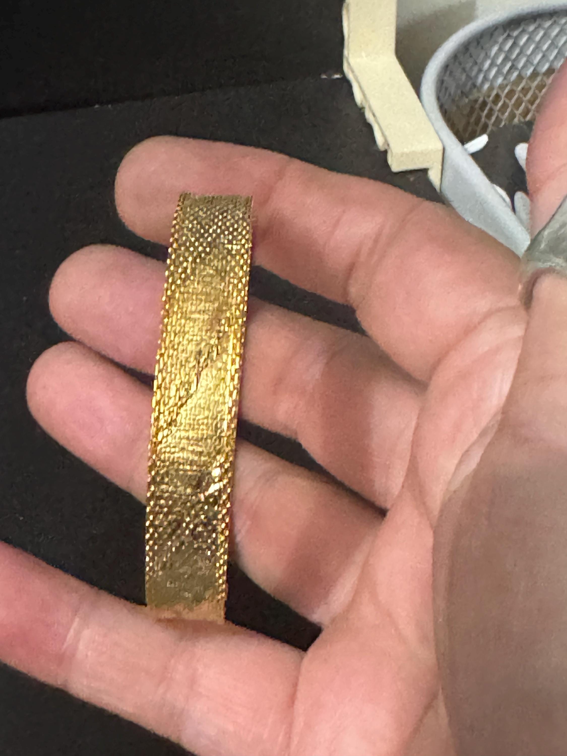 True Vintage pristine gold plated wide mesh flat link bangle bracelet 19 x 10mm old shop stock