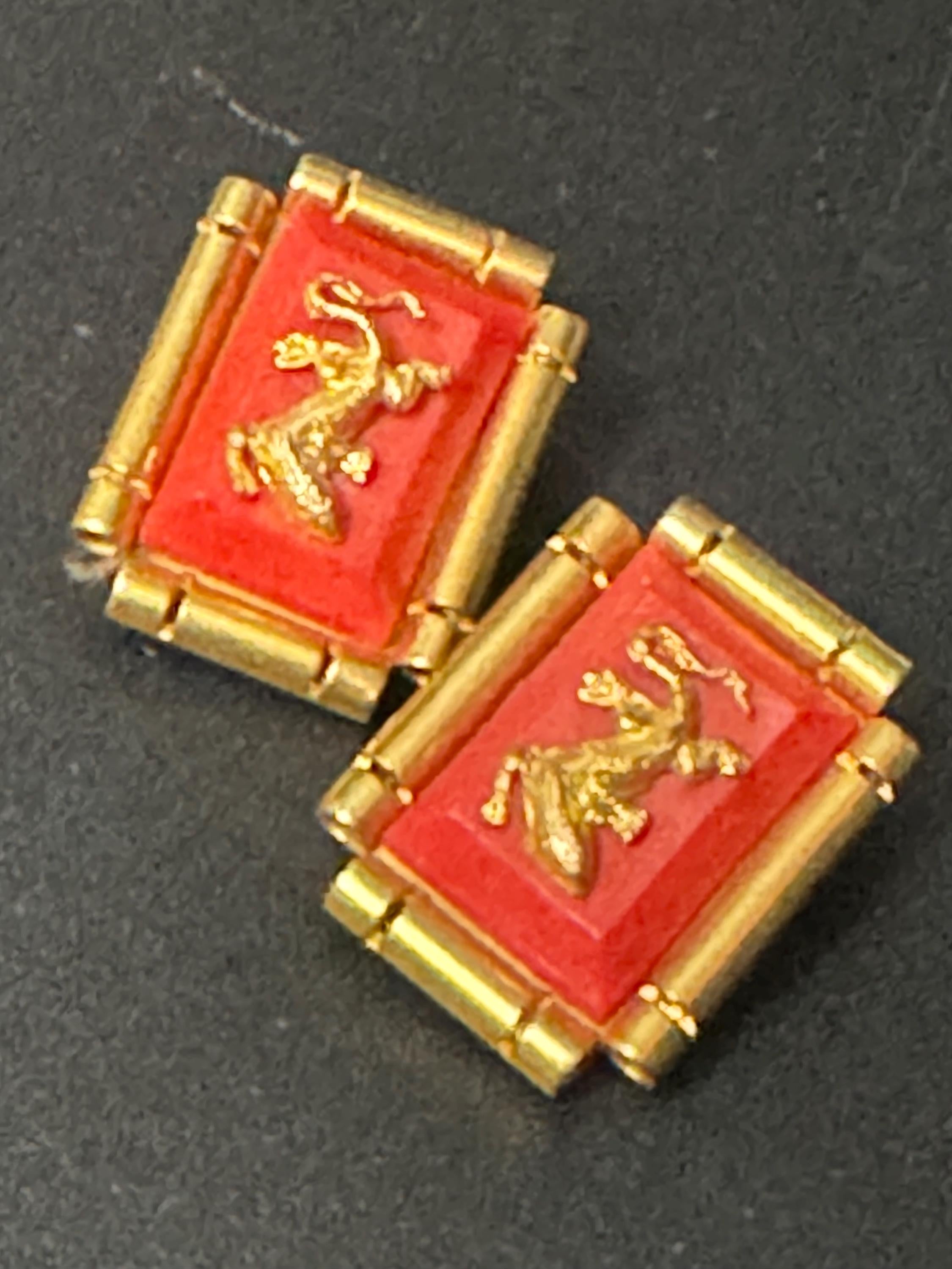 True vintage Jean Painlevé style French bright red early plastic brass lizard salamander rectangular clip on earrings old shop stock