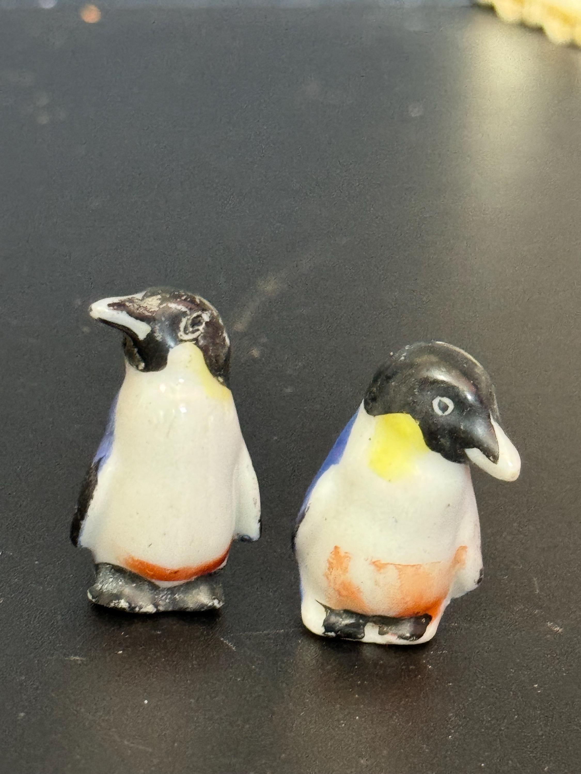 2 x Antique ceramic glazed Black penguins Christmas Xmas Cake topper decoration