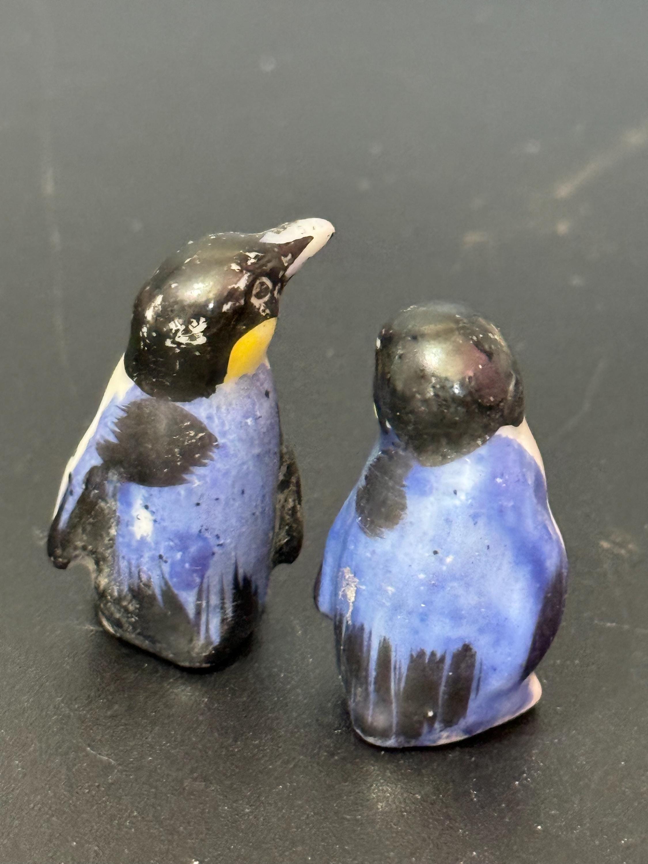 2 x Antique ceramic glazed Black penguins Christmas Xmas Cake topper decoration