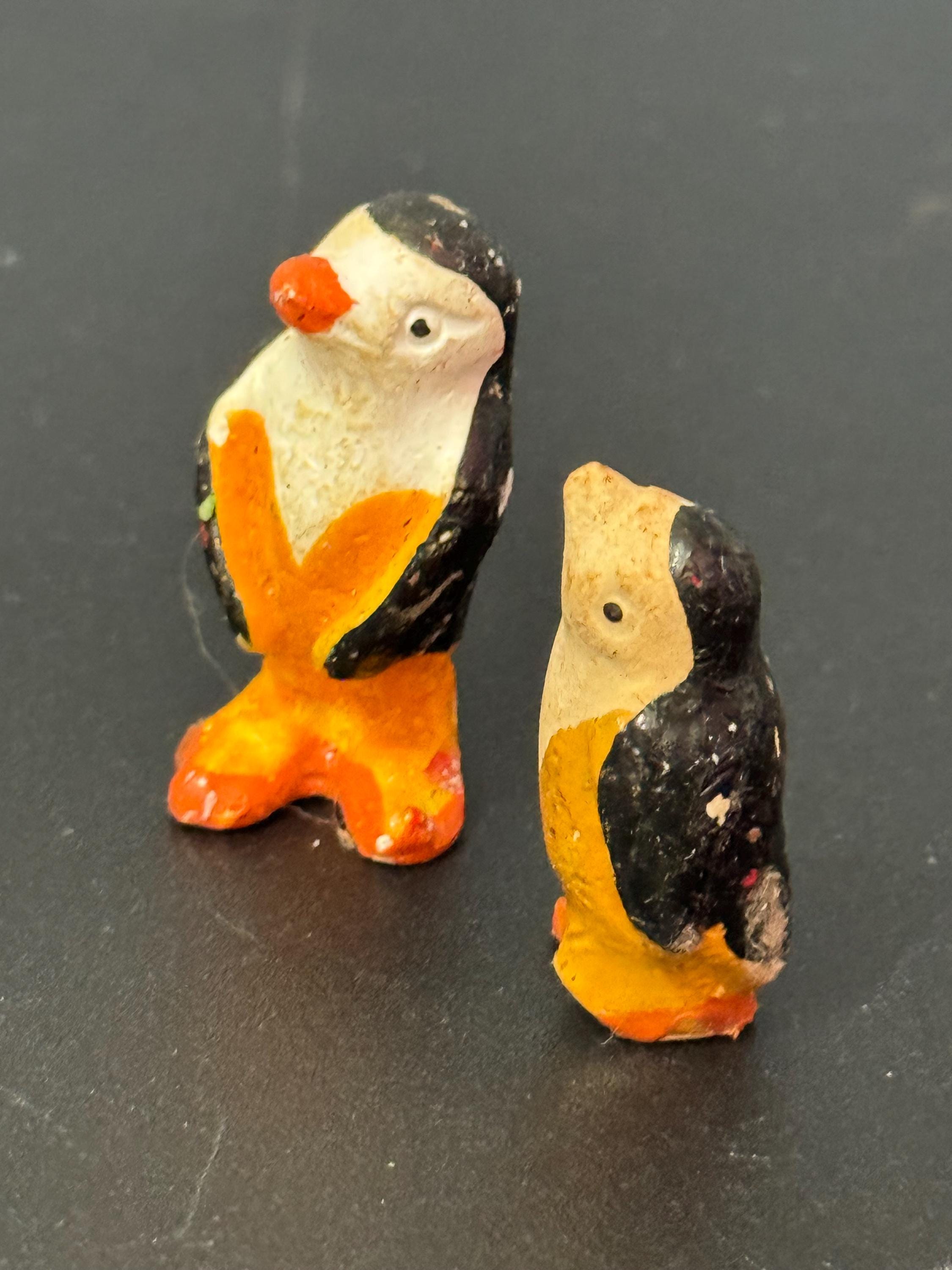 2 x Antique PLASTER bisque Black penguins Christmas Xmas Cake topper decoration