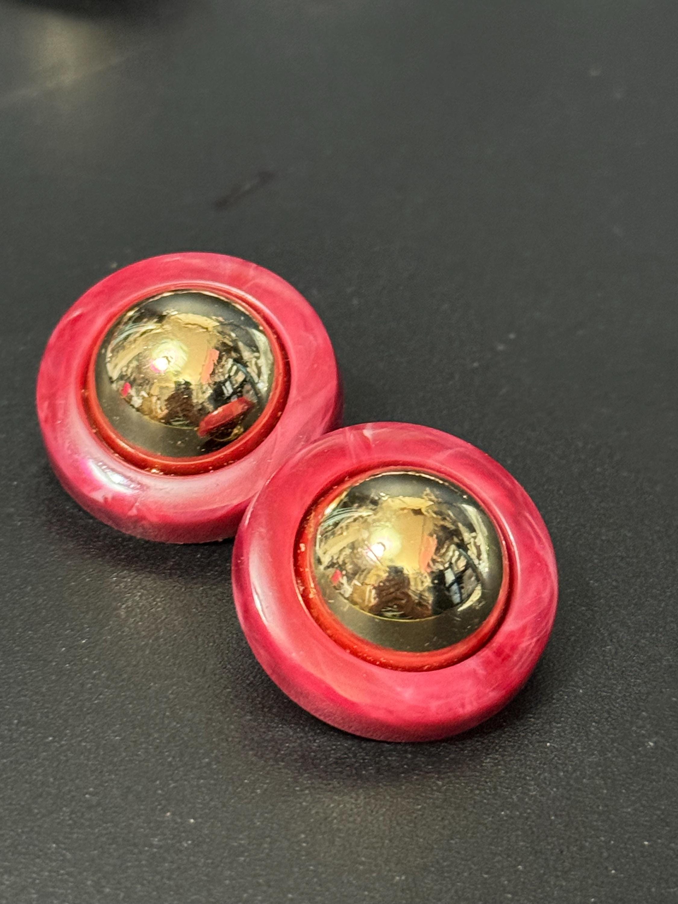 True vintage French raspberry red and gold tone domed plastic clip on earrings 1950s 1960s old shop stock