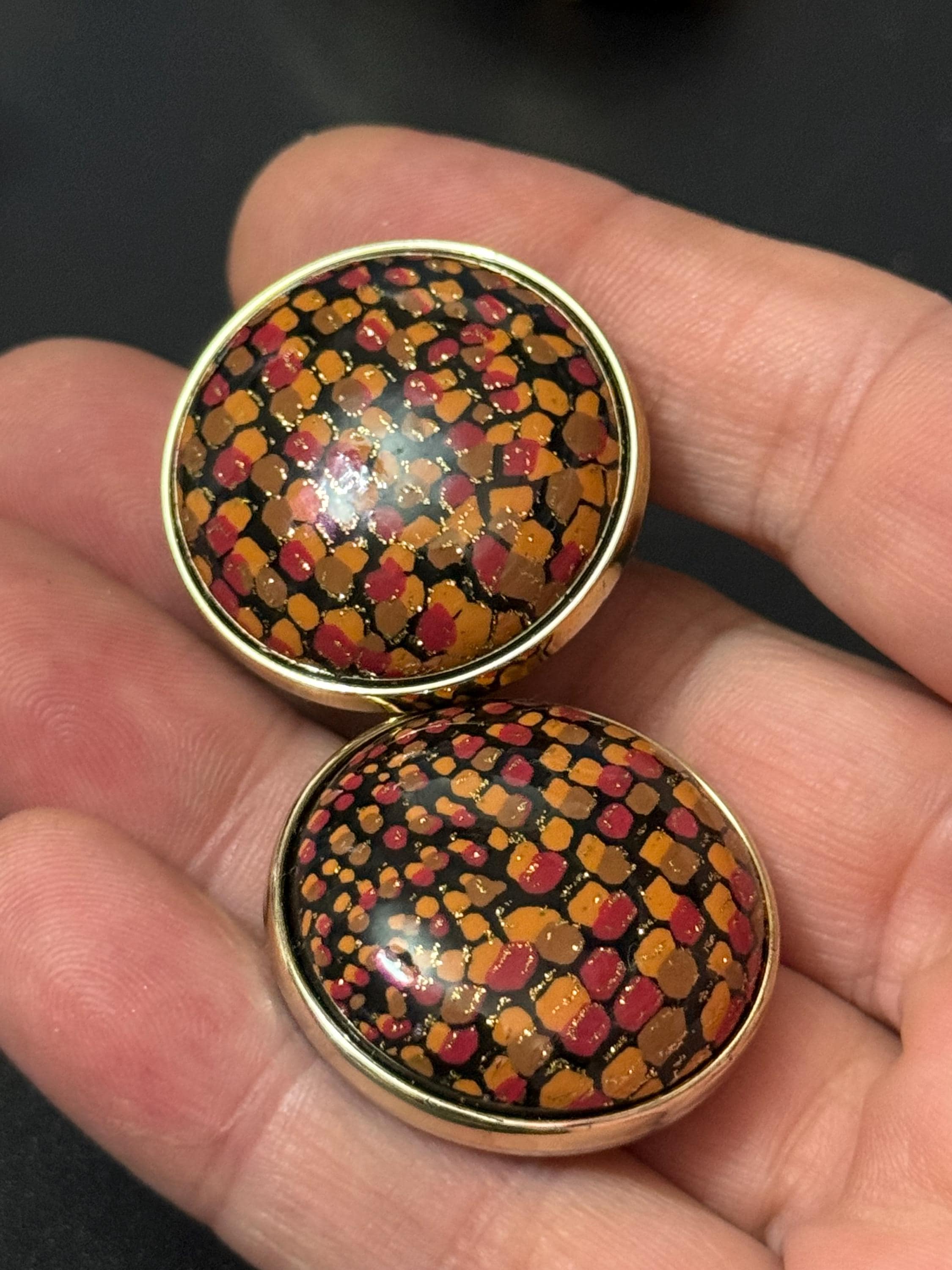 Oversized French brown faux shagreen lizard print gold tone low domed plastic clip on earrings 1950s 1960s old shop stock