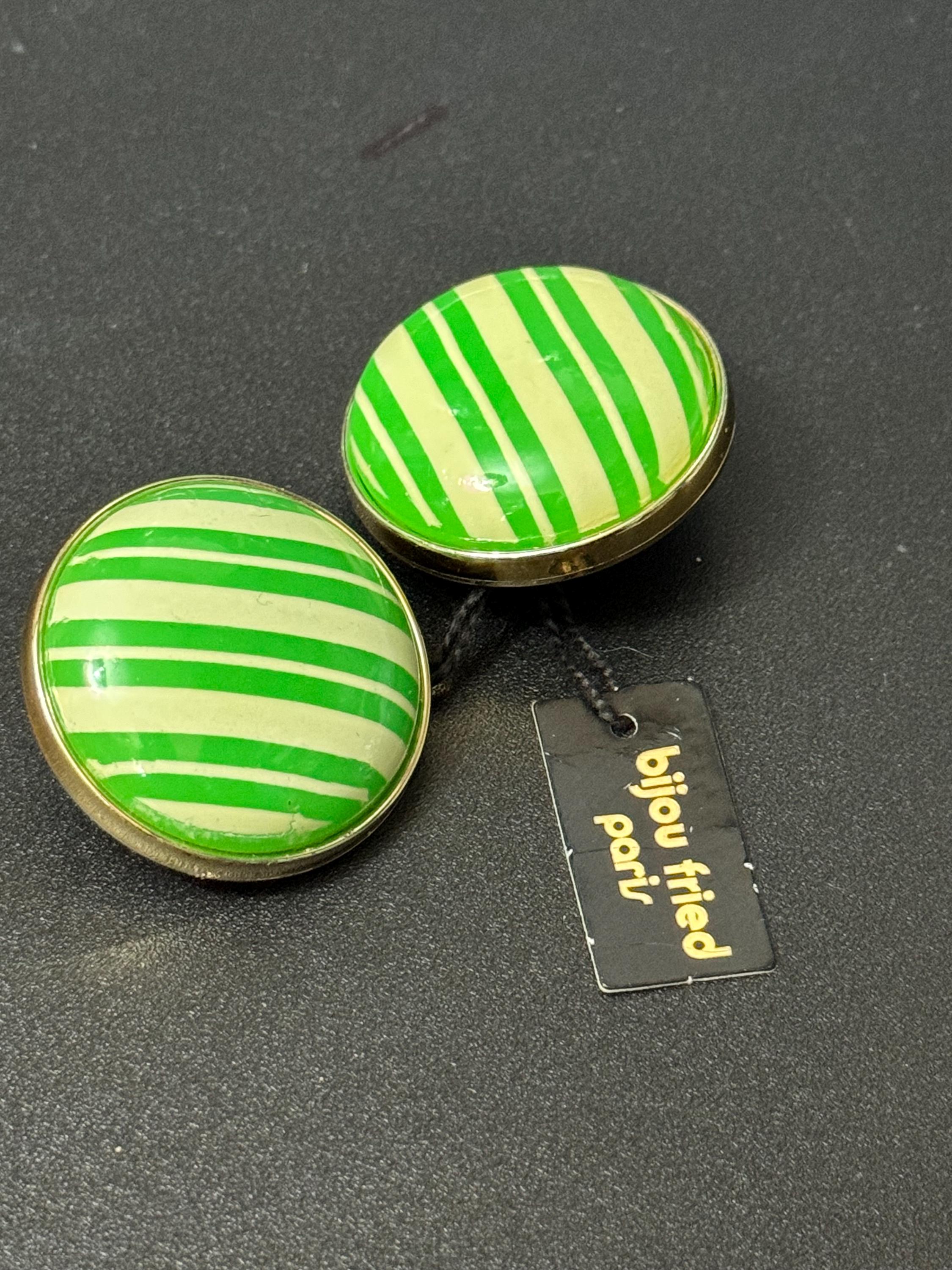 Oversized French bright green striped gold tone low domed plastic clip on earrings 1950s 1960s old shop stock
