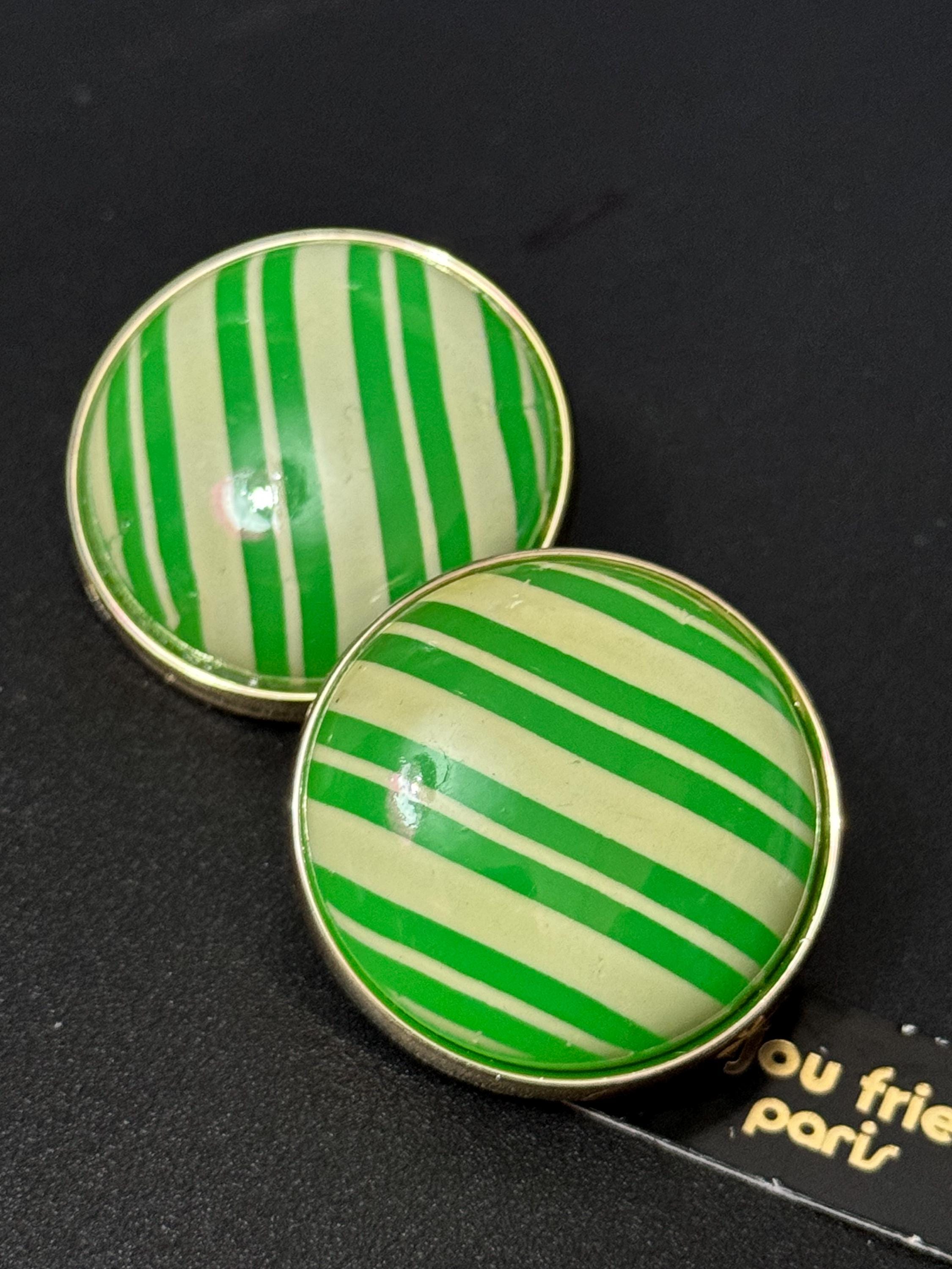 Oversized French bright green striped gold tone low domed plastic clip on earrings 1950s 1960s old shop stock