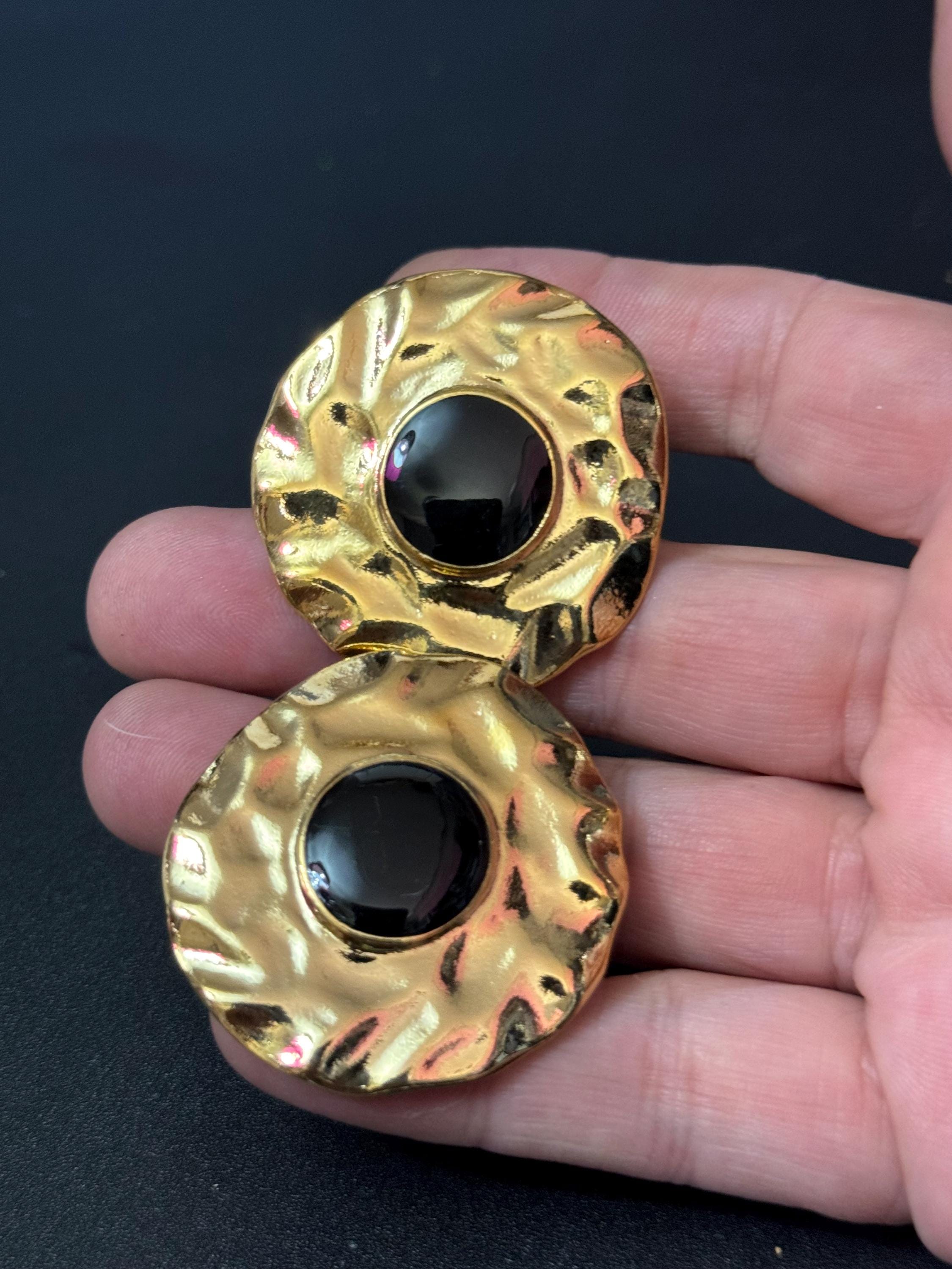 oversized 4cm Gold tone black cabochon round disc clip on earrings 1980s