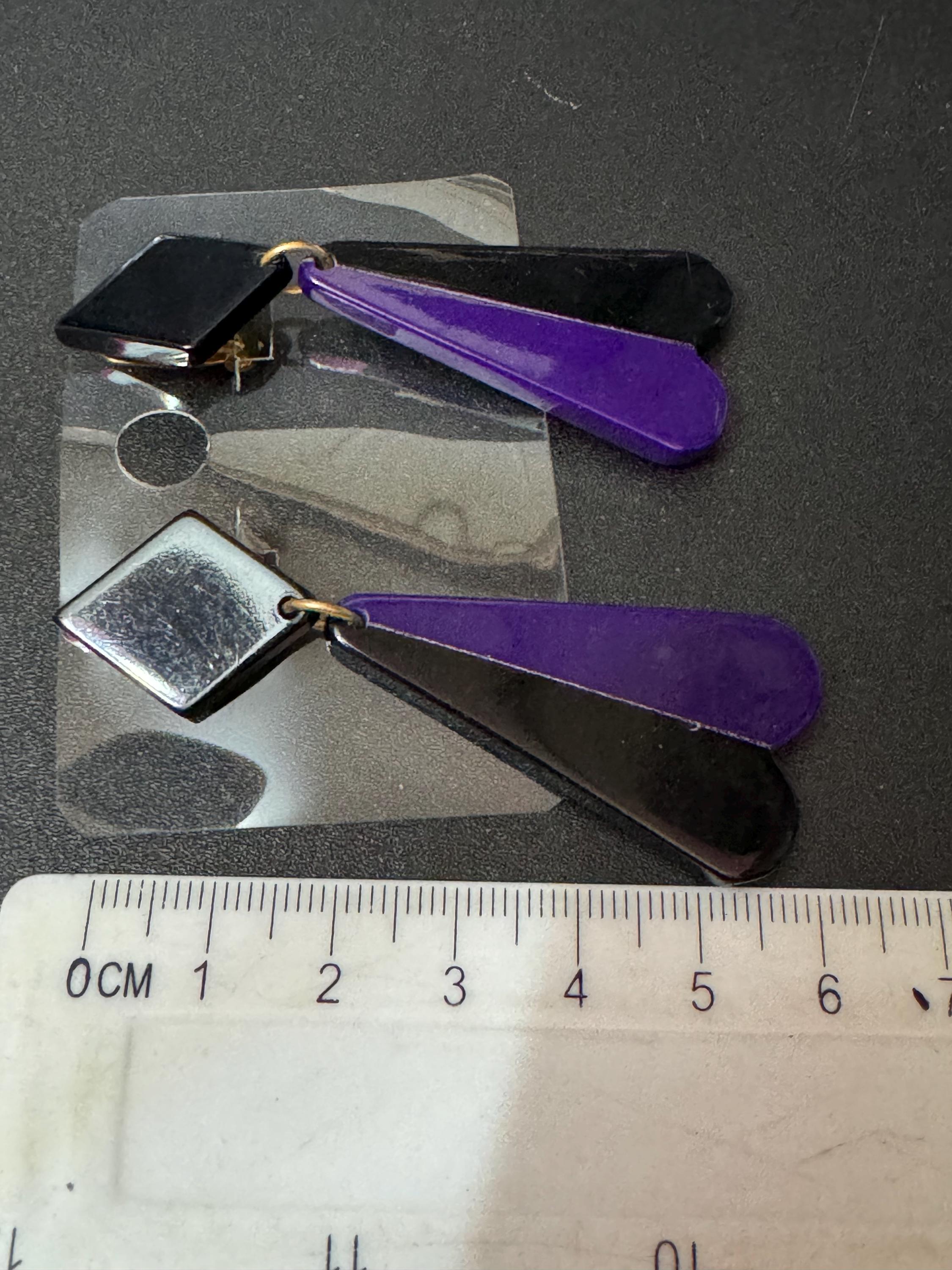 1960s French early plastic purple and black long dangly clip on earrings old shop stock