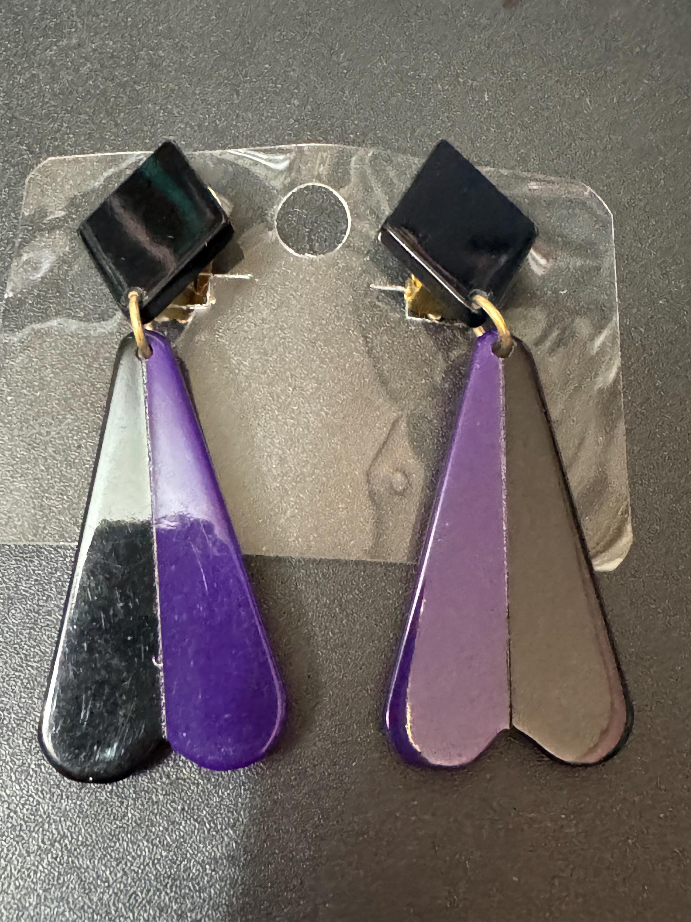 1960s French early plastic purple and black long dangly clip on earrings old shop stock