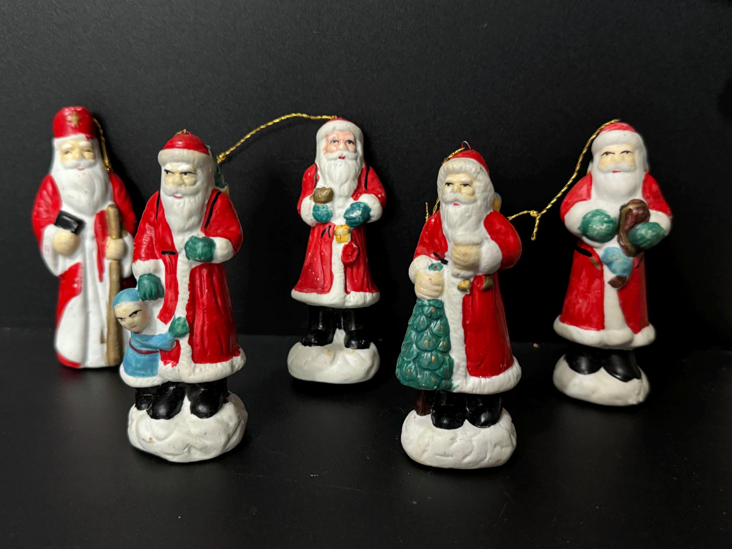 set of 5 ceramic Santa Claus tree ornaments l 11cm tall Father Christmas baubles
