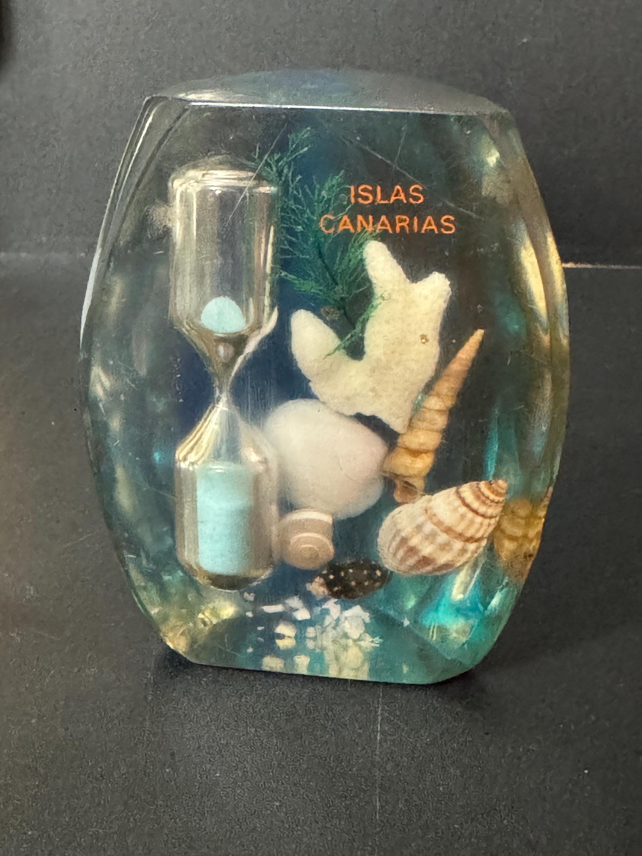 Super kitsch large blue 1960s celluloid lucite egg timer with cased seashells from Canary Islands