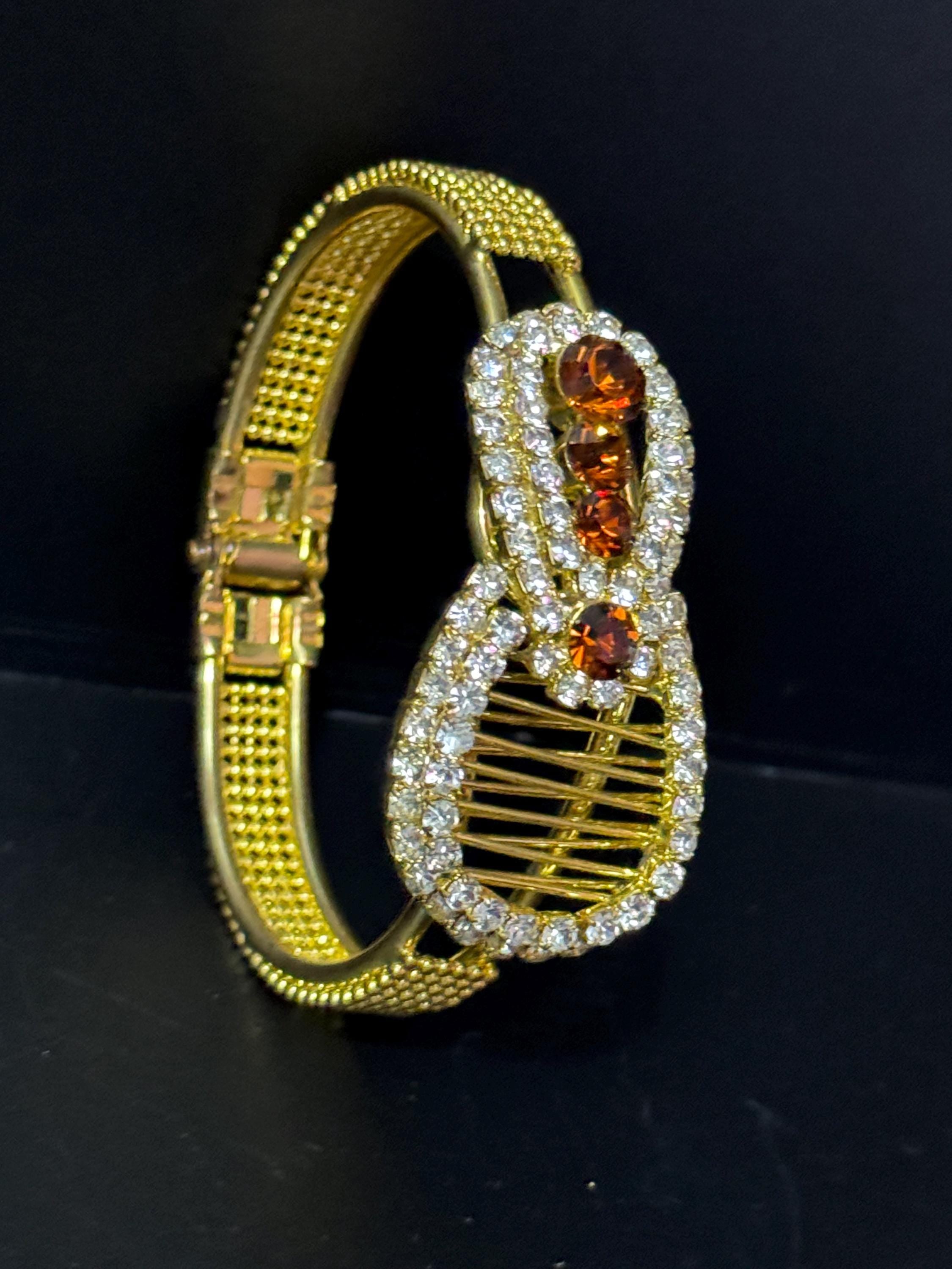 brown cognac glass rhinestone clamper bangle Vintage gold tone crystal diamanté bracelet