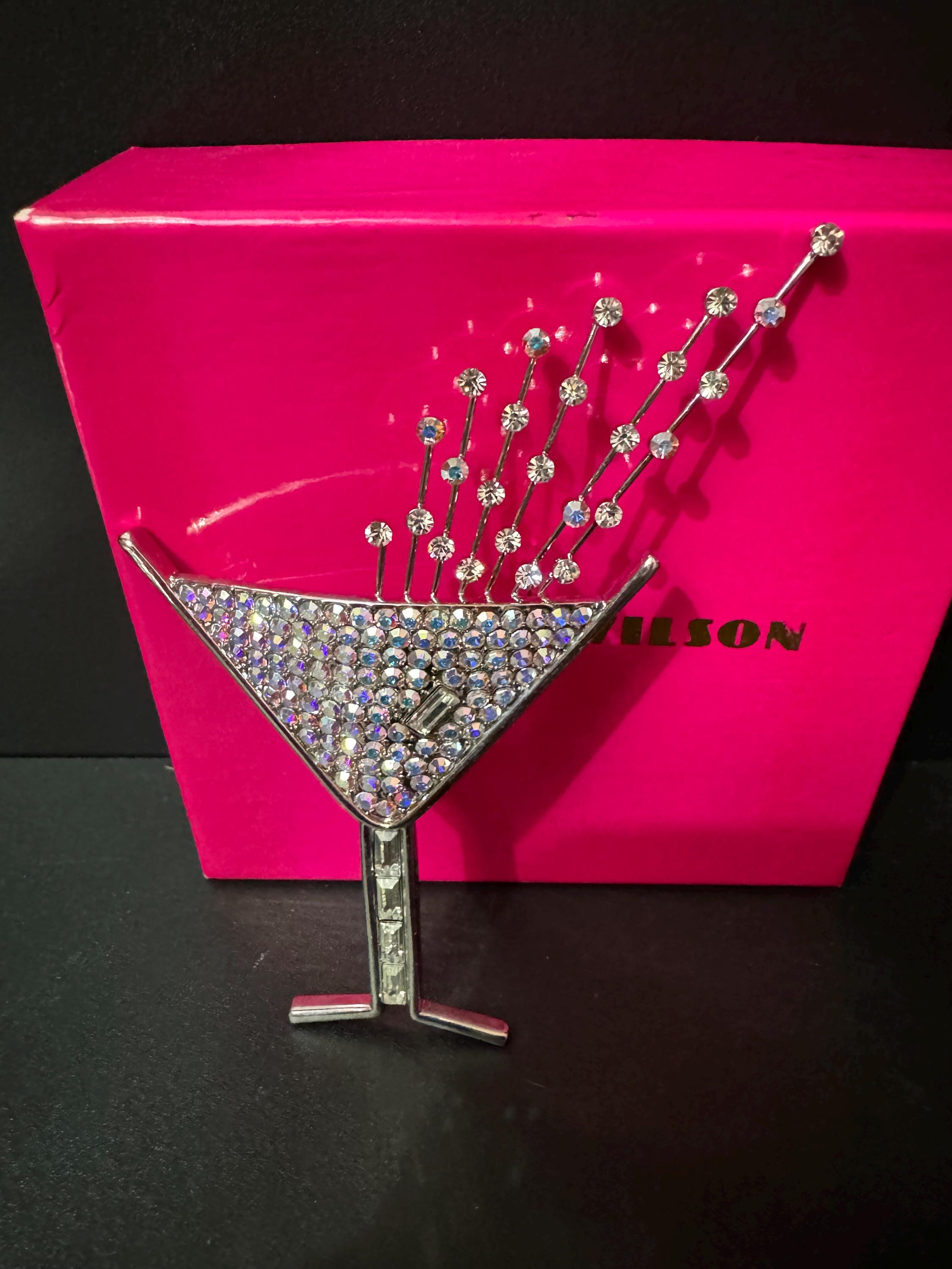 Signed butler and Wilson AB aurora borealis rainbow diamanté champagne cocktail glass brooch 12cm pink tones