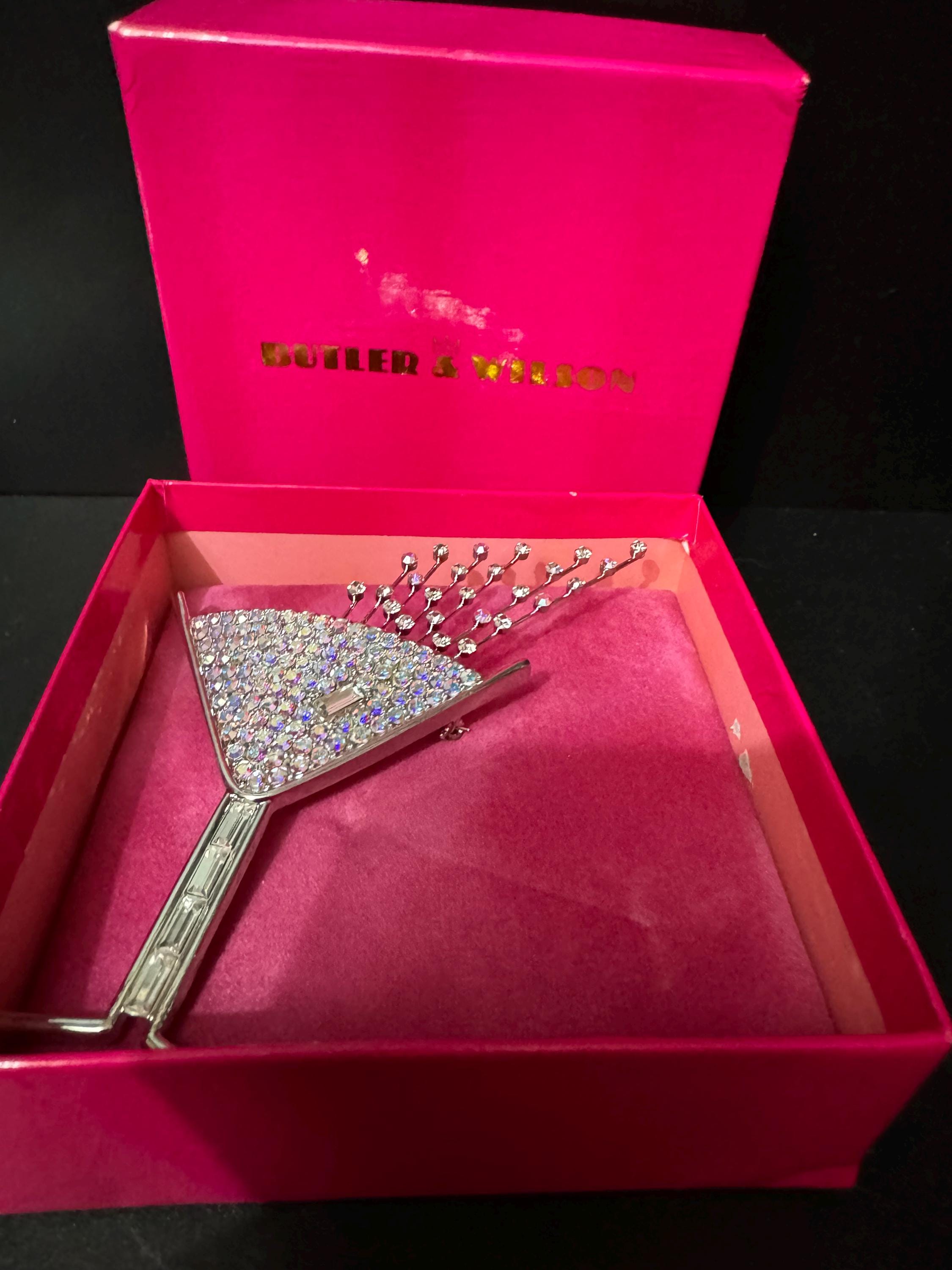 Signed butler and Wilson AB aurora borealis rainbow diamanté champagne cocktail glass brooch 12cm pink tones