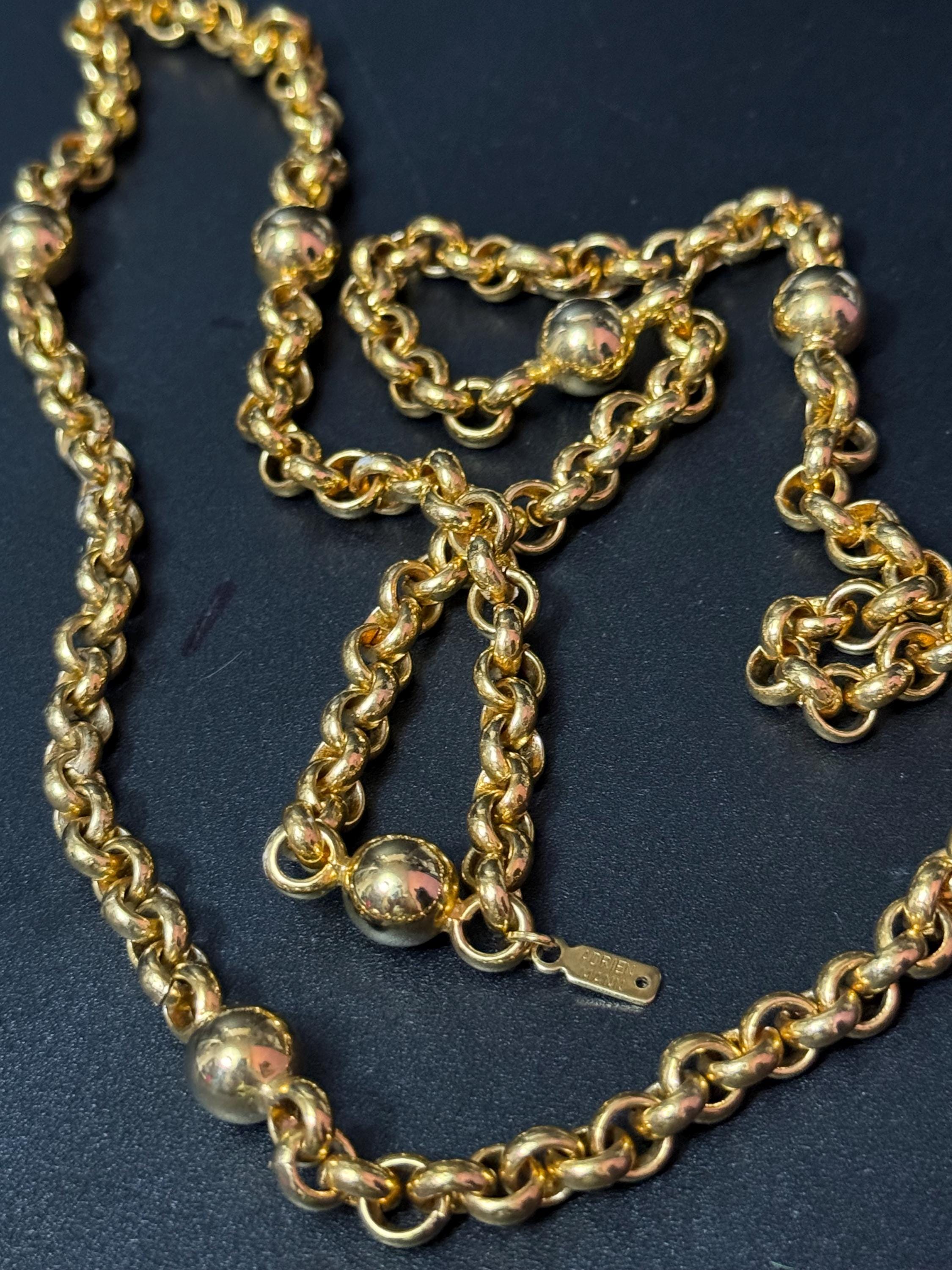 Signed Adrien Mann Retro nice weighty gold tone belcher chain link modernist ball bead station necklace 80cm
