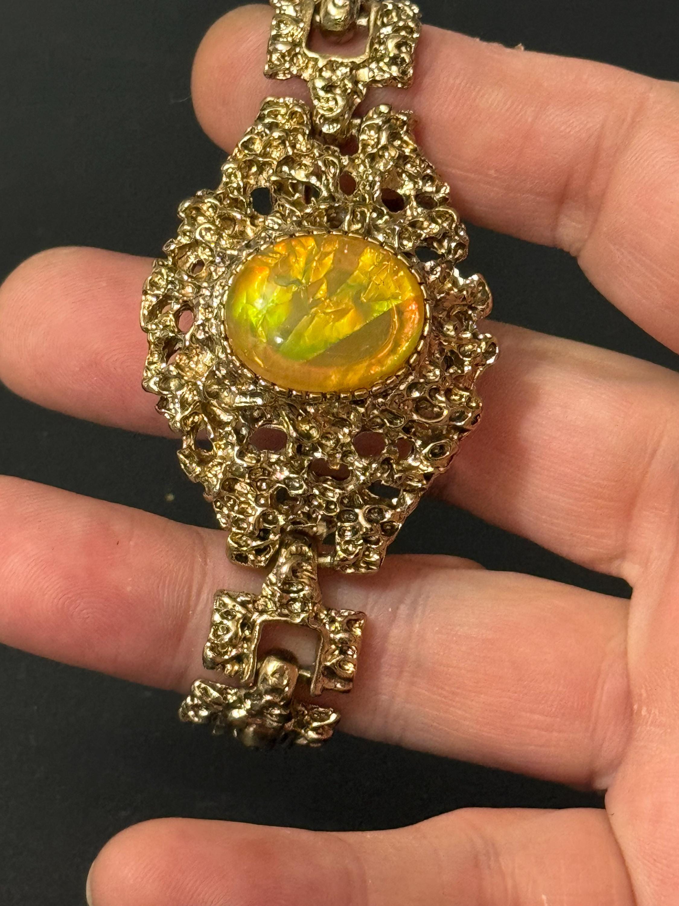 Brutalist gold tone oval orange green Rainbow cabochon textured bracelet 1970s modernist