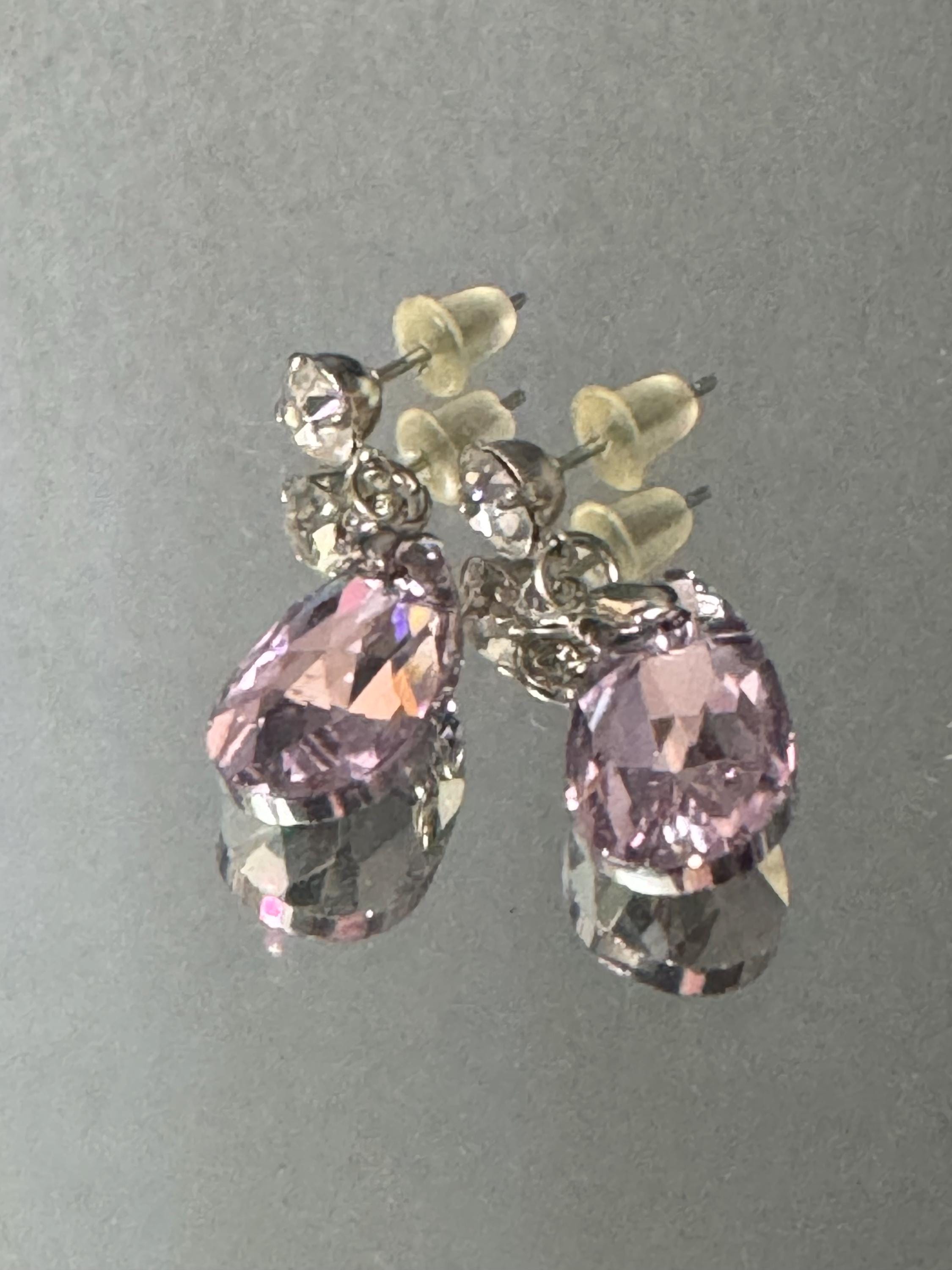 PINK Coloured Crystal diamanté teardrop dangly earrings retro unused shop stock pierced stainless steel
