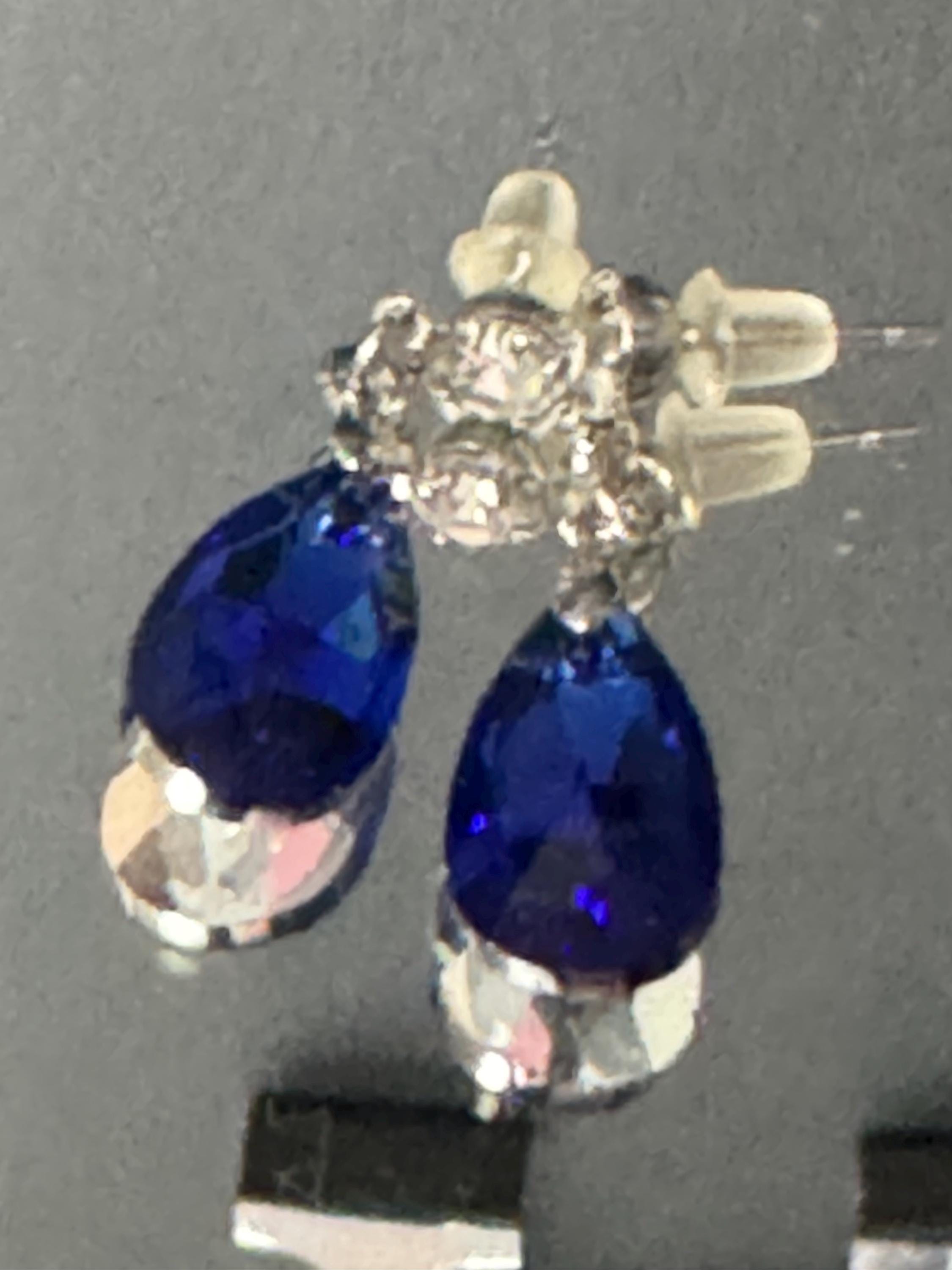 Sapphire blue Coloured Crystal diamanté teardrop dangly earrings retro unused shop stock pierced stainless steel