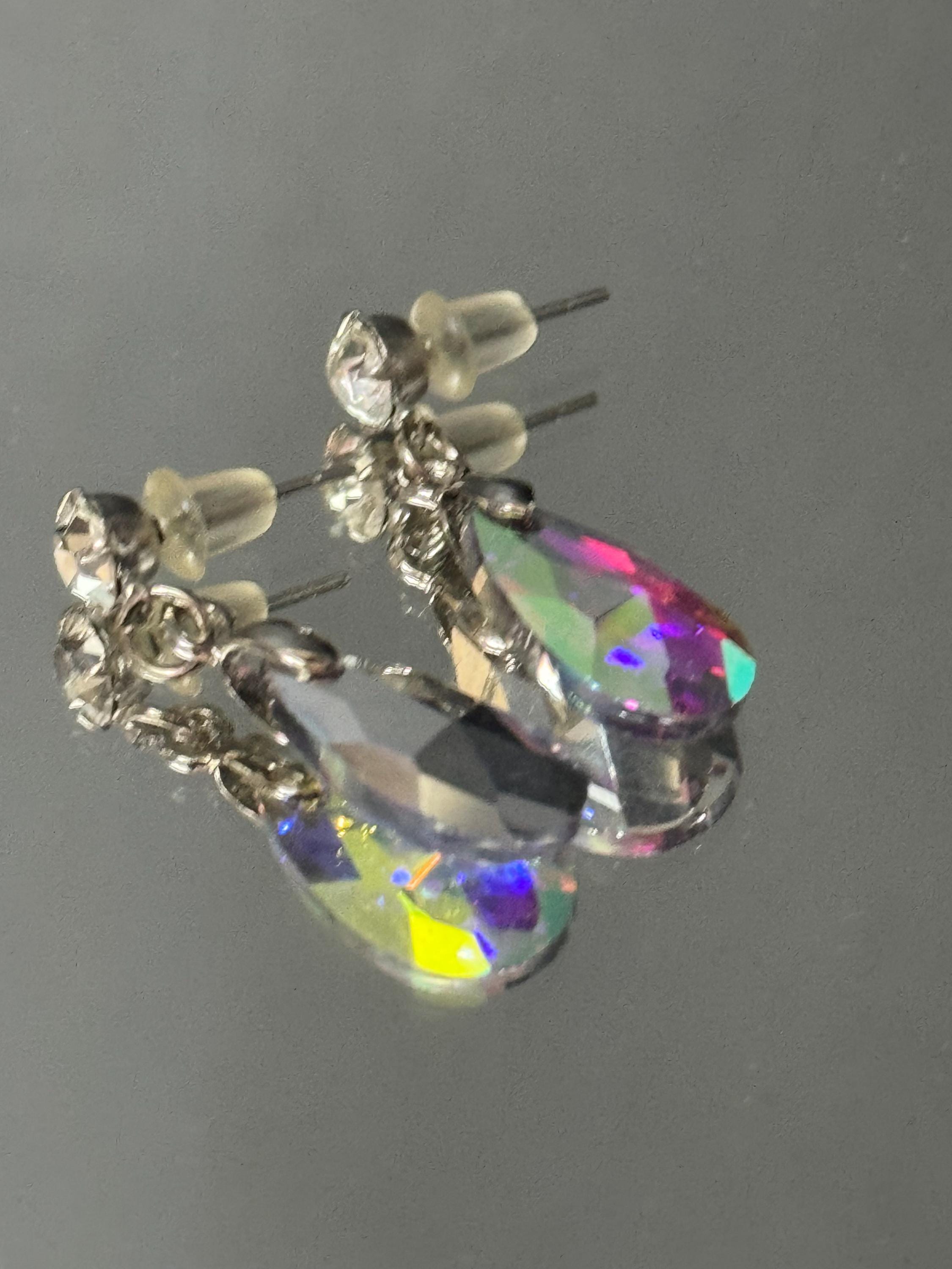 clear AB rainbow glass Coloured Crystal diamanté teardrop dangly earrings retro unused shop stock pierced stainless steel