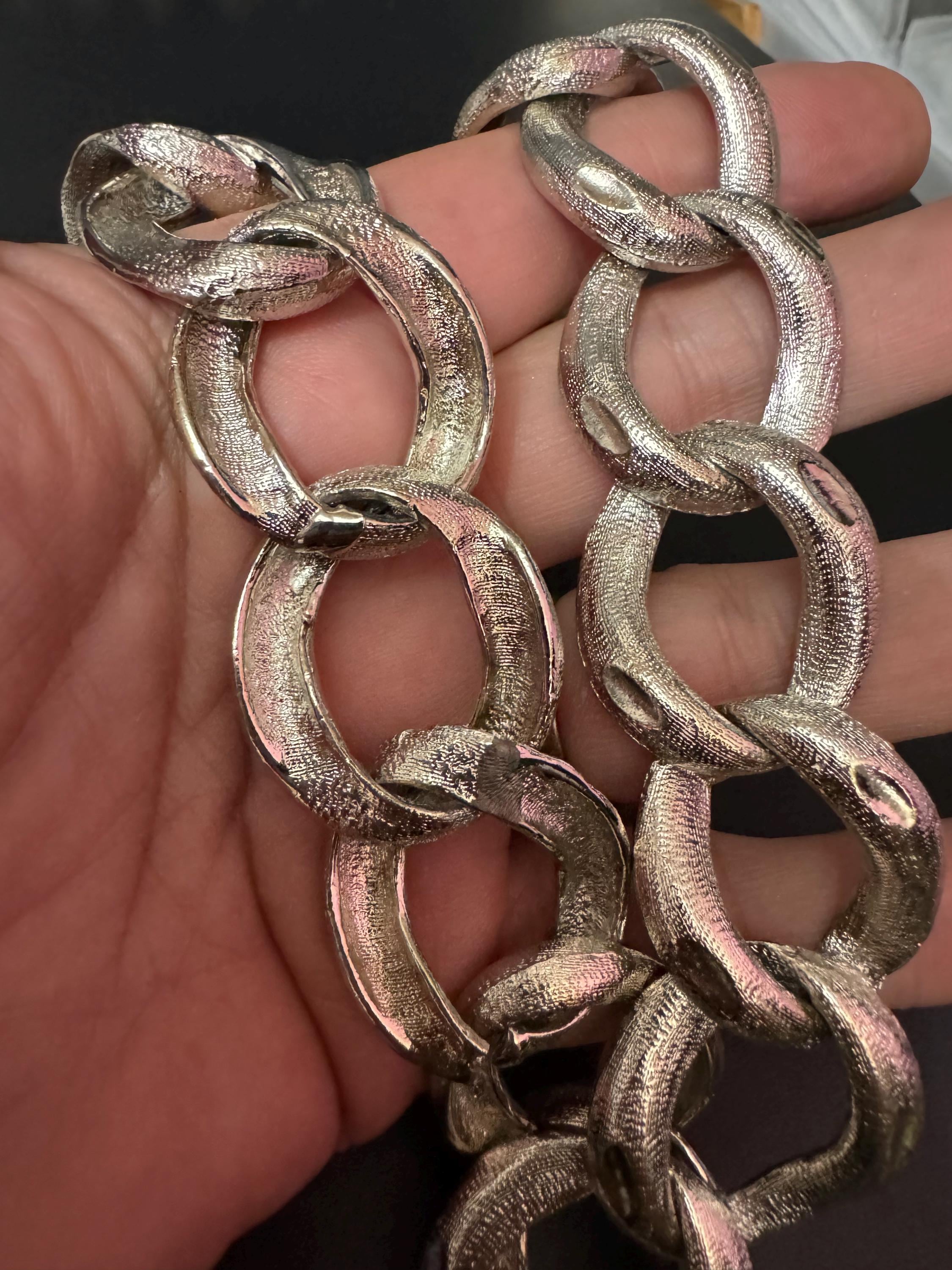 Vintage silver tone Wide geometric textured chain Link choker necklace heavy 43cm