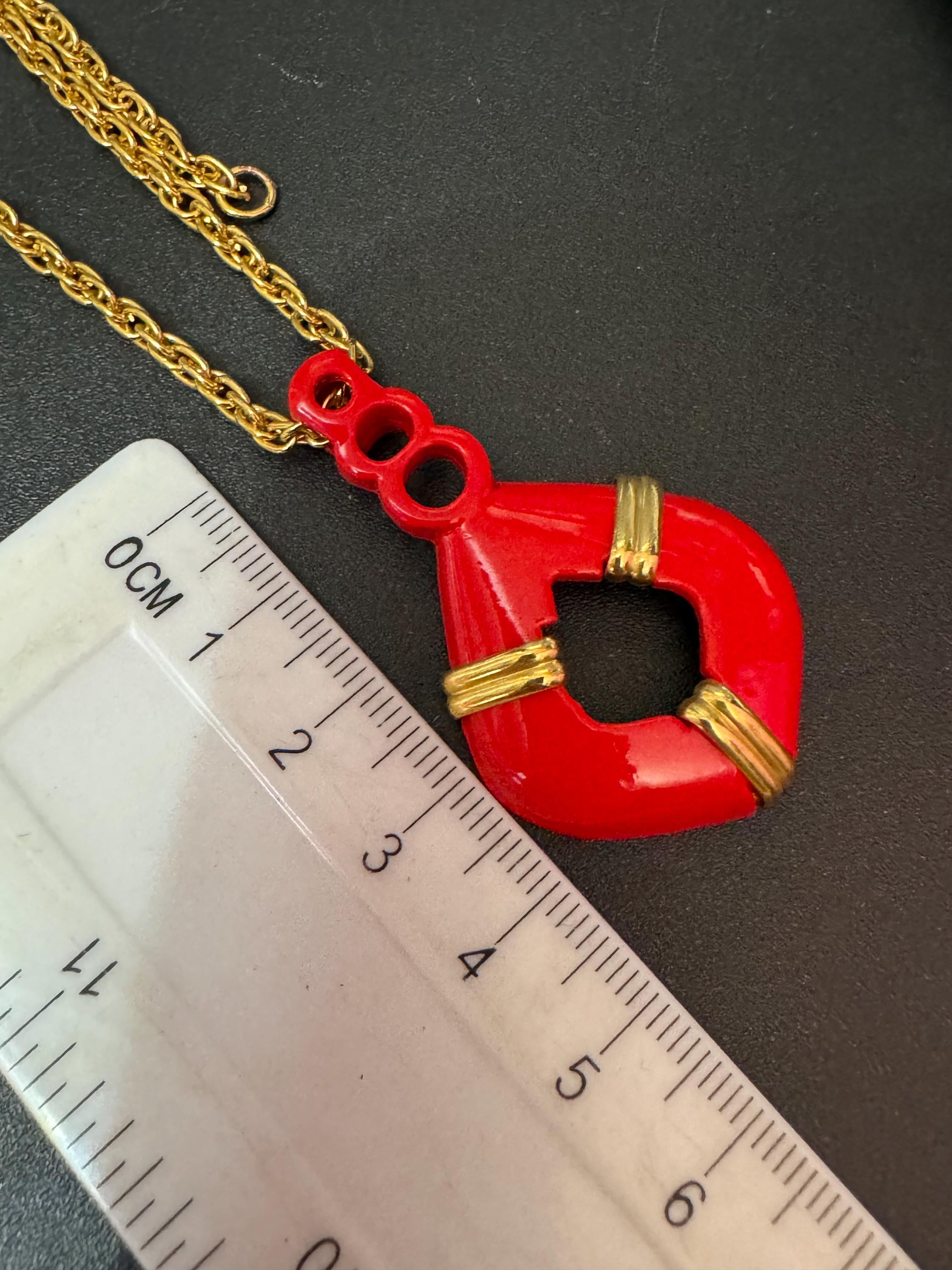 True Vintage bright red enamel nautical pendant necklace on 62cm gold plated rope chain ideal layering necklace old shop stock
