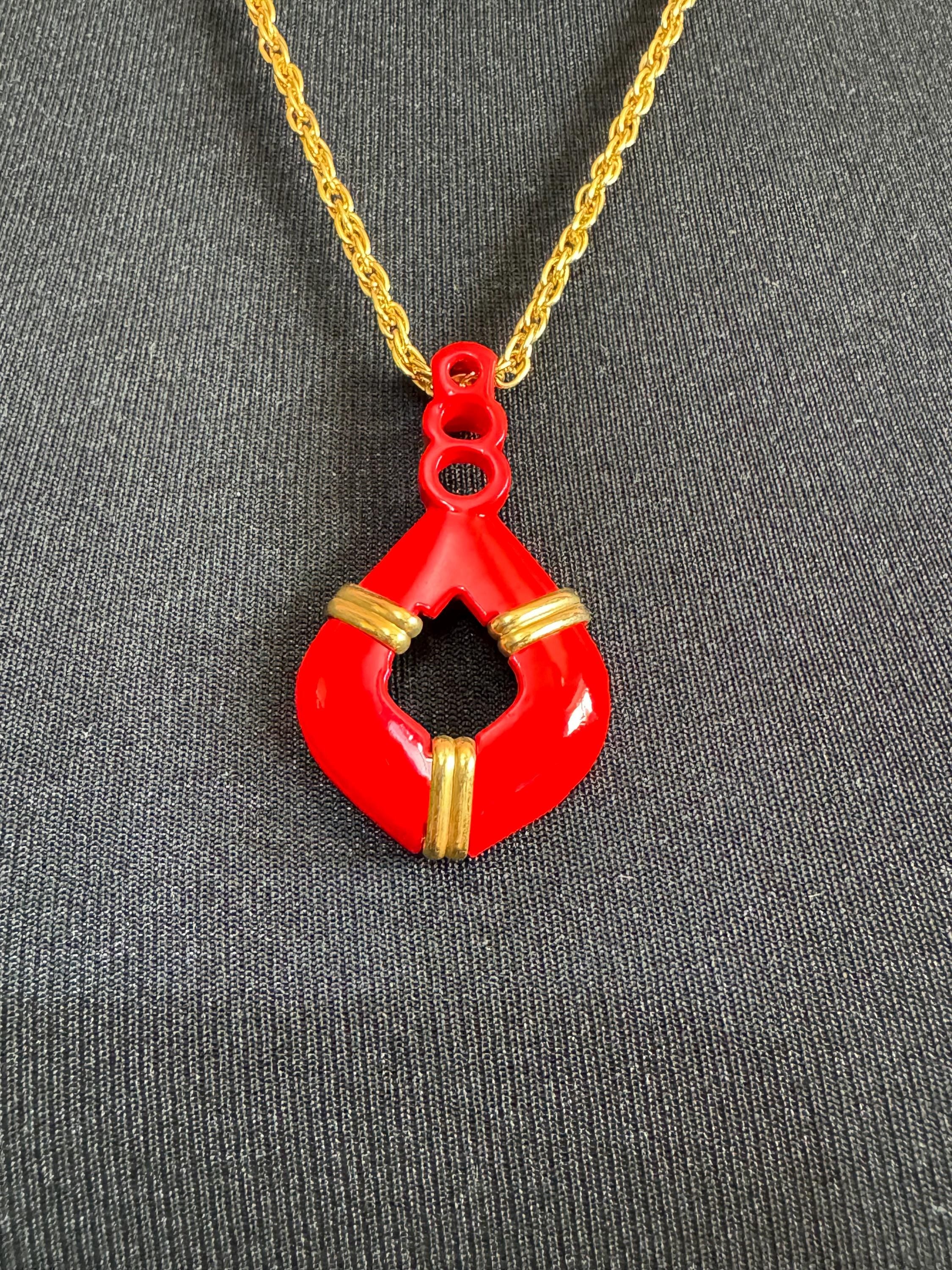 True Vintage bright red enamel nautical pendant necklace on 62cm gold plated rope chain ideal layering necklace old shop stock