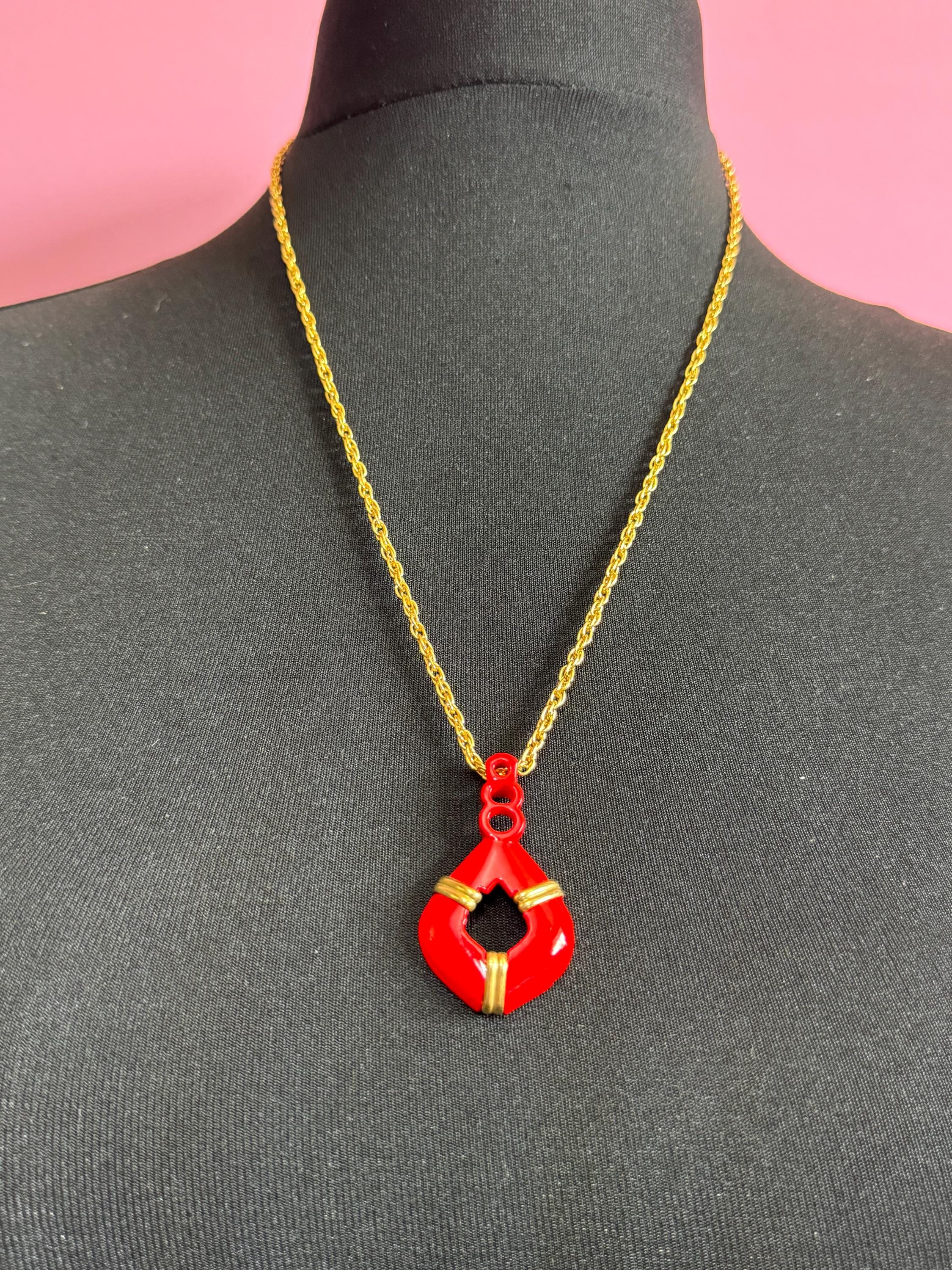 True Vintage bright red enamel nautical pendant necklace on 62cm gold plated rope chain ideal layering necklace old shop stock