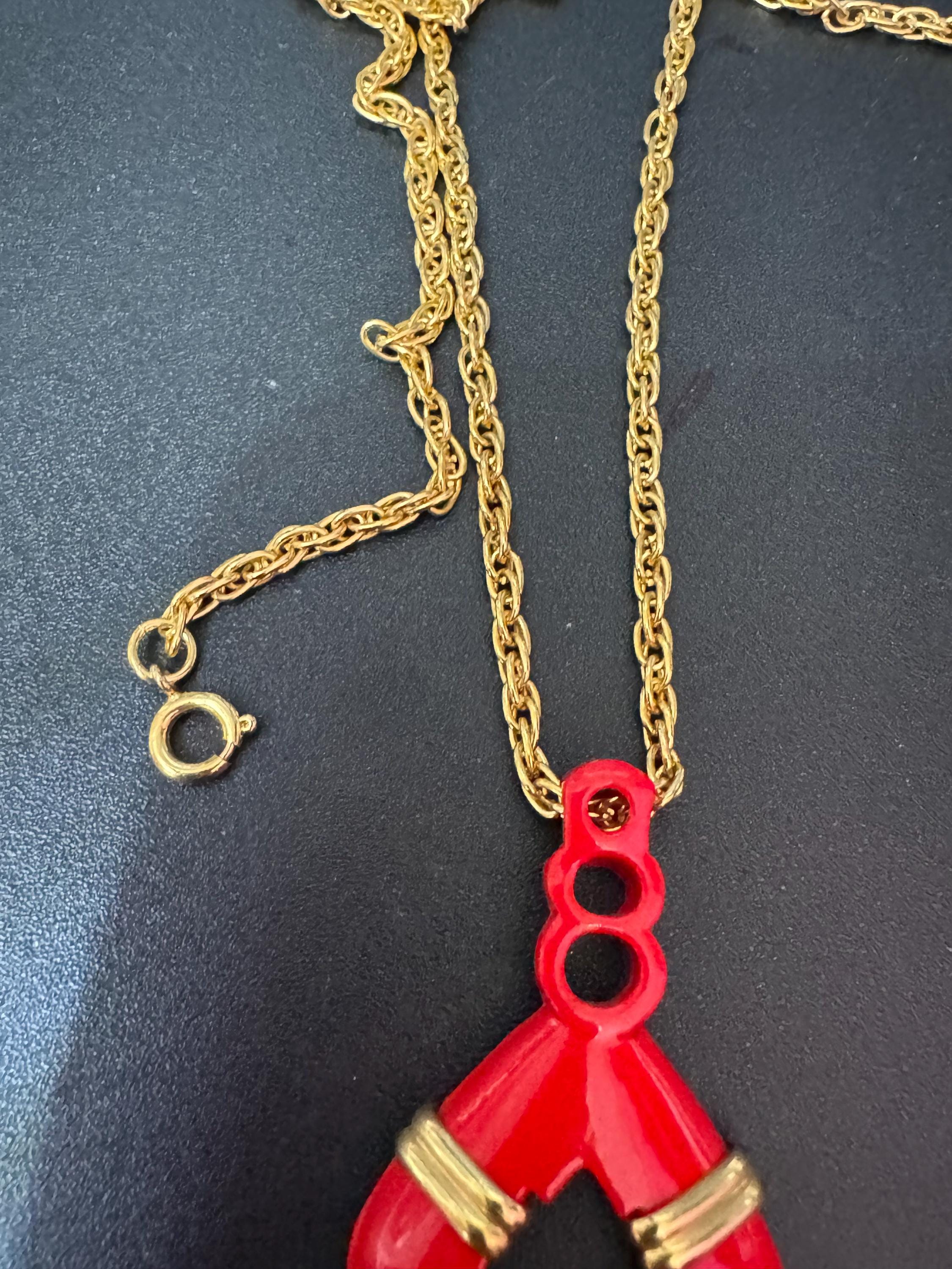 True Vintage bright red enamel nautical pendant necklace on 62cm gold plated rope chain ideal layering necklace old shop stock