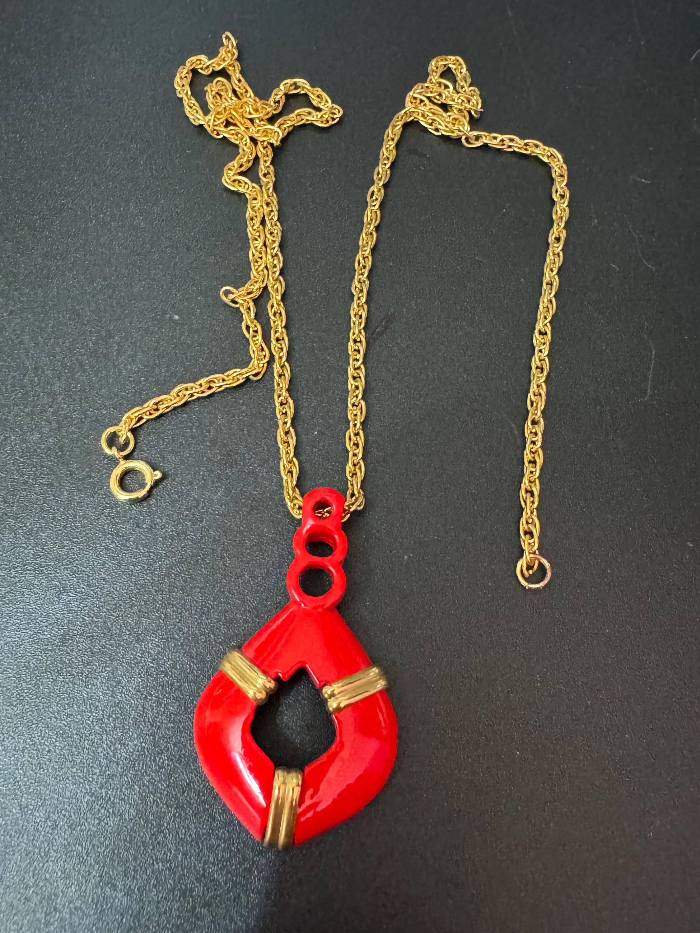 True Vintage bright red enamel nautical pendant necklace on 62cm gold plated rope chain ideal layering necklace old shop stock