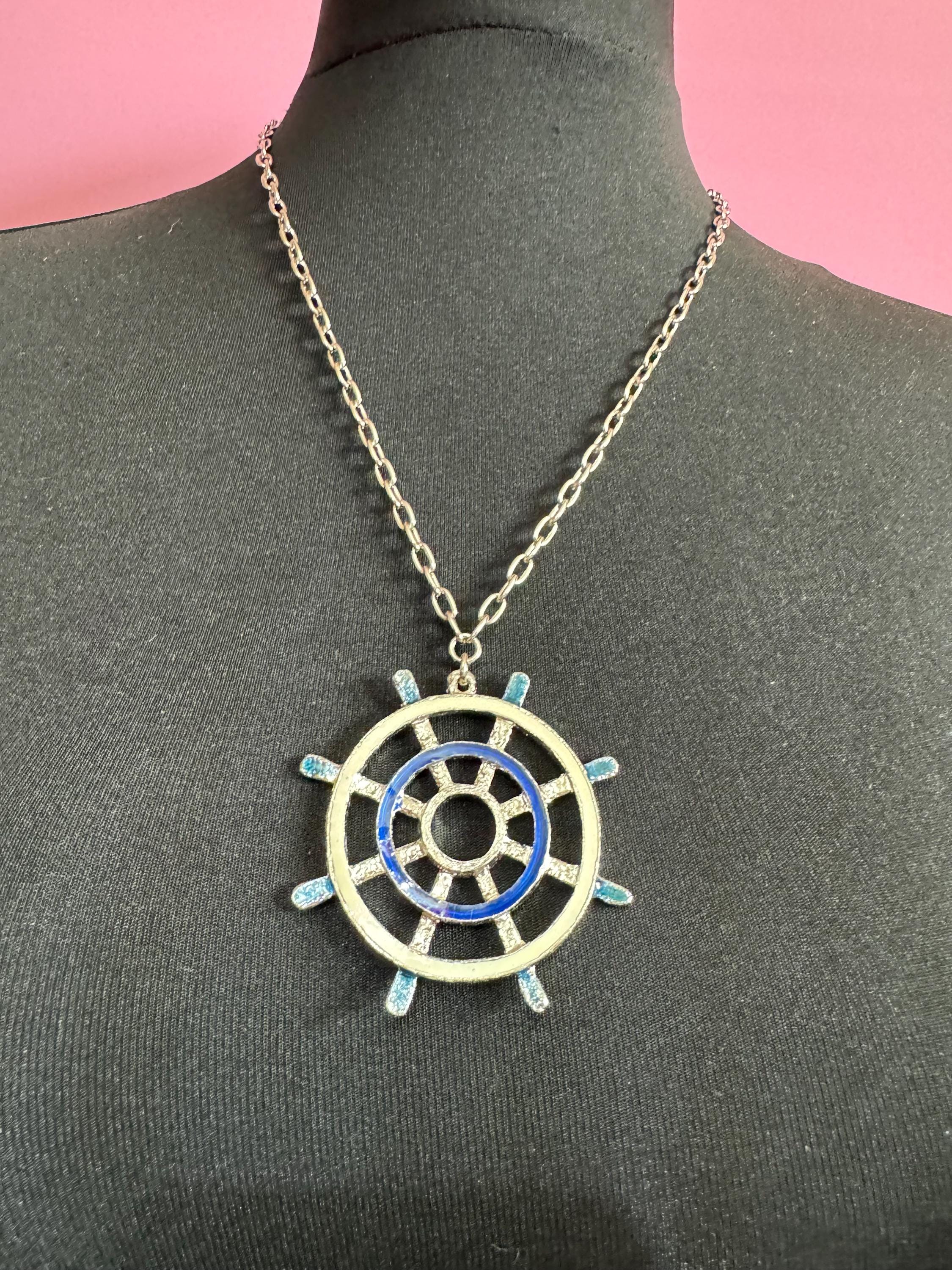 True Vintage navy blue and cream ships wheel nautical pendant necklace on 60cm silver tone cable chain ideal layering necklace