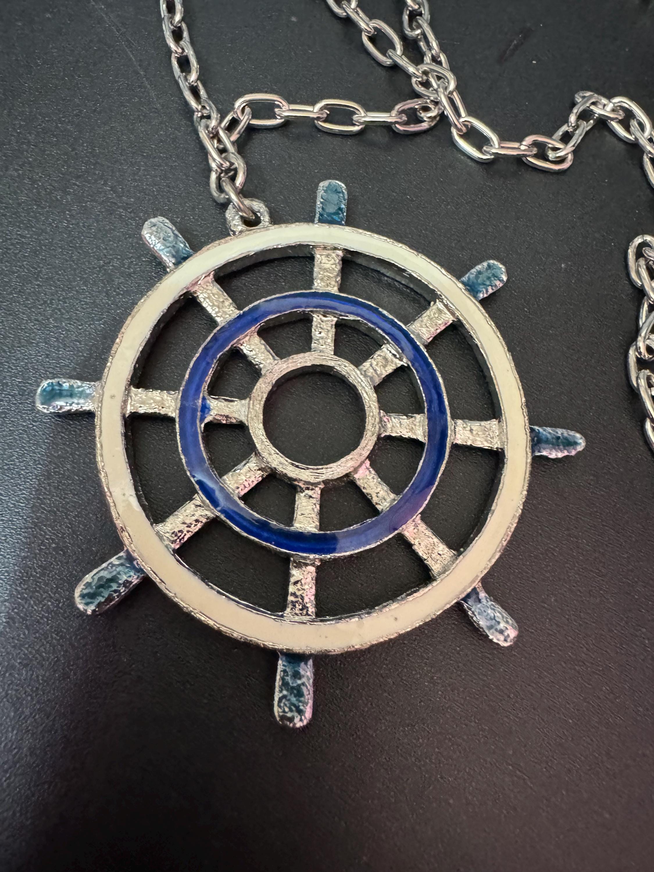 True Vintage navy blue and cream ships wheel nautical pendant necklace on 60cm silver tone cable chain ideal layering necklace