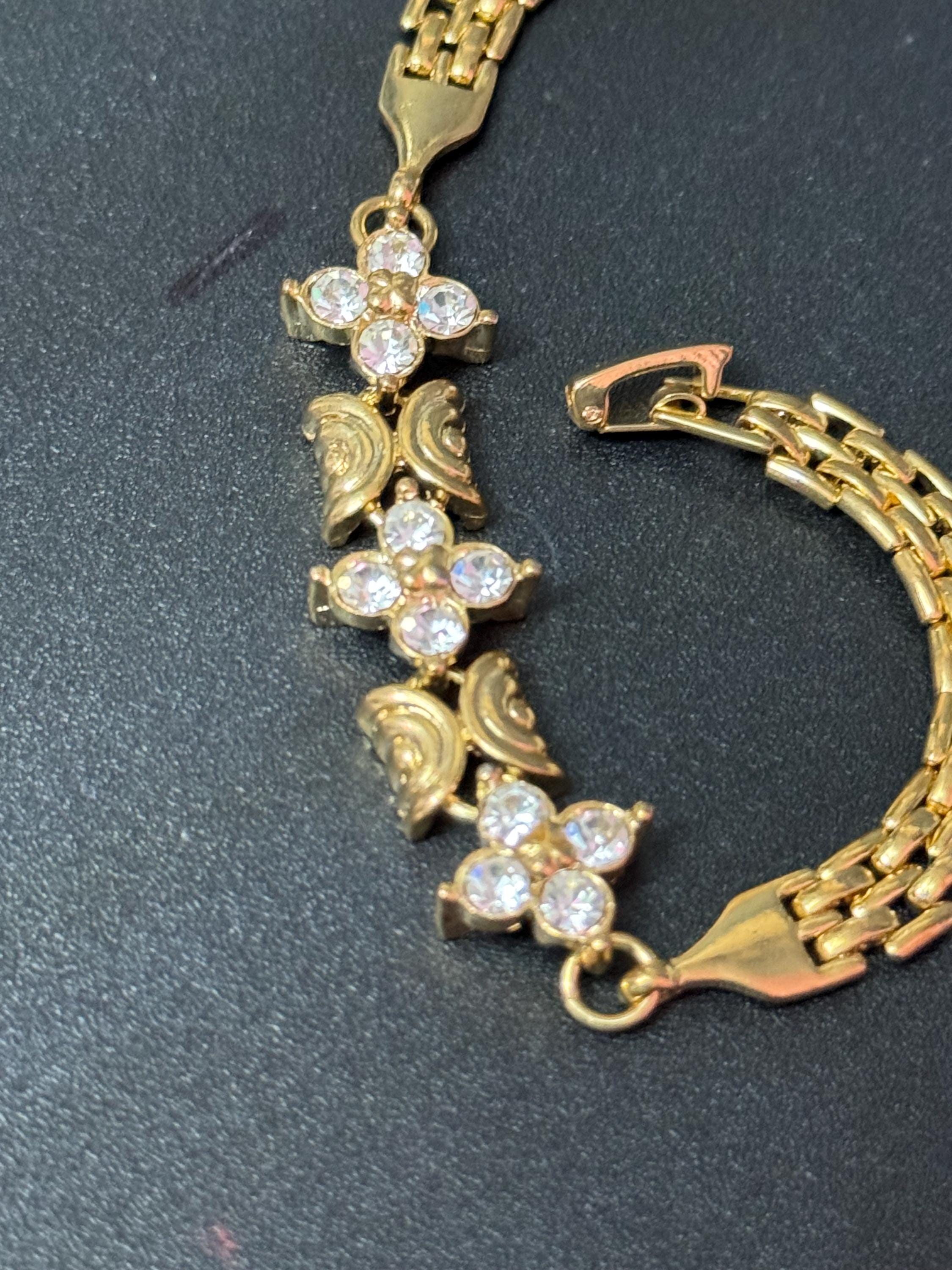 Vintage 1980s gold tone crystal diamanté panther chain link gold bracelet 18.5cm long