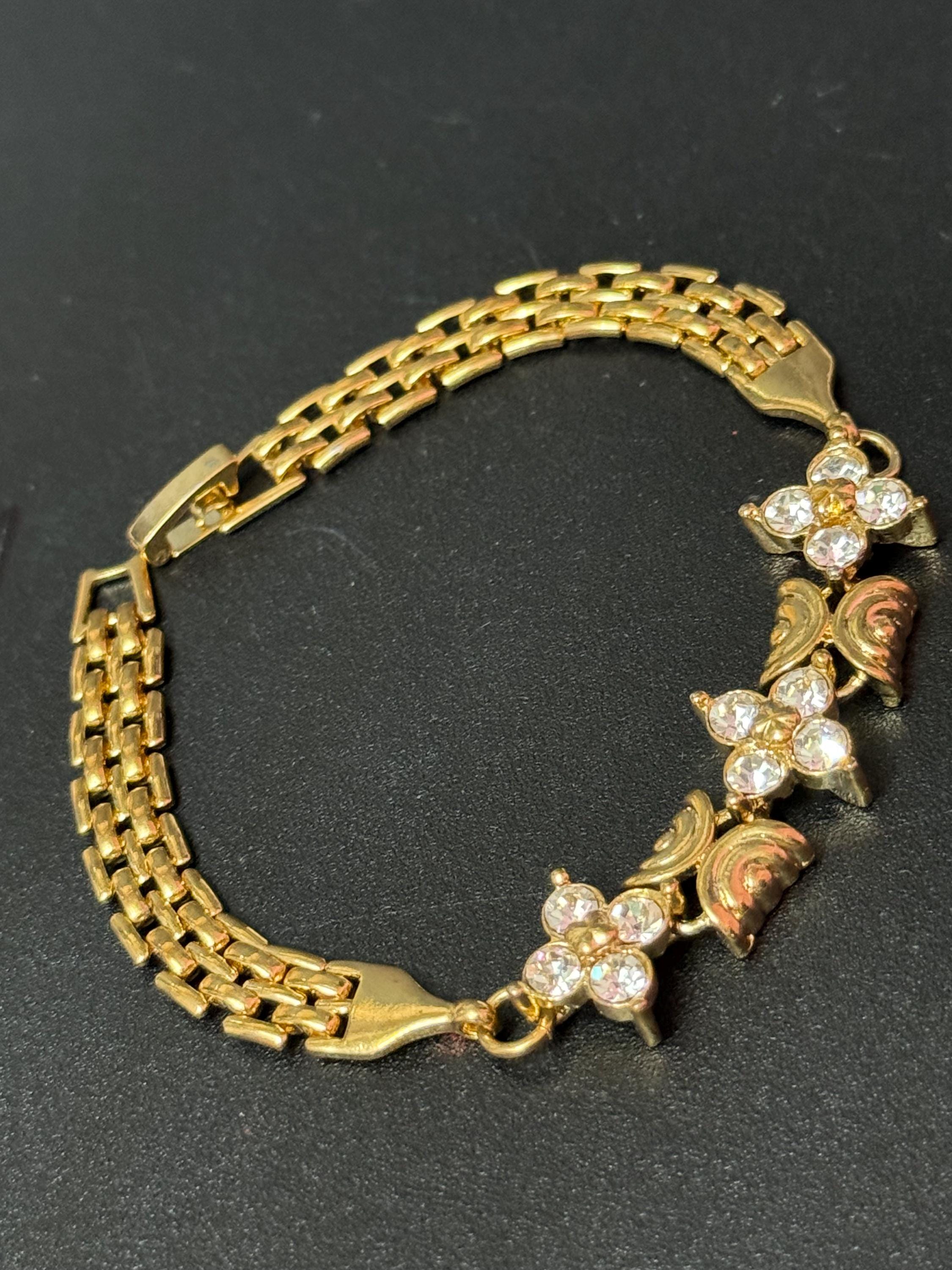 Vintage 1980s gold tone crystal diamanté panther chain link gold bracelet 18.5cm long