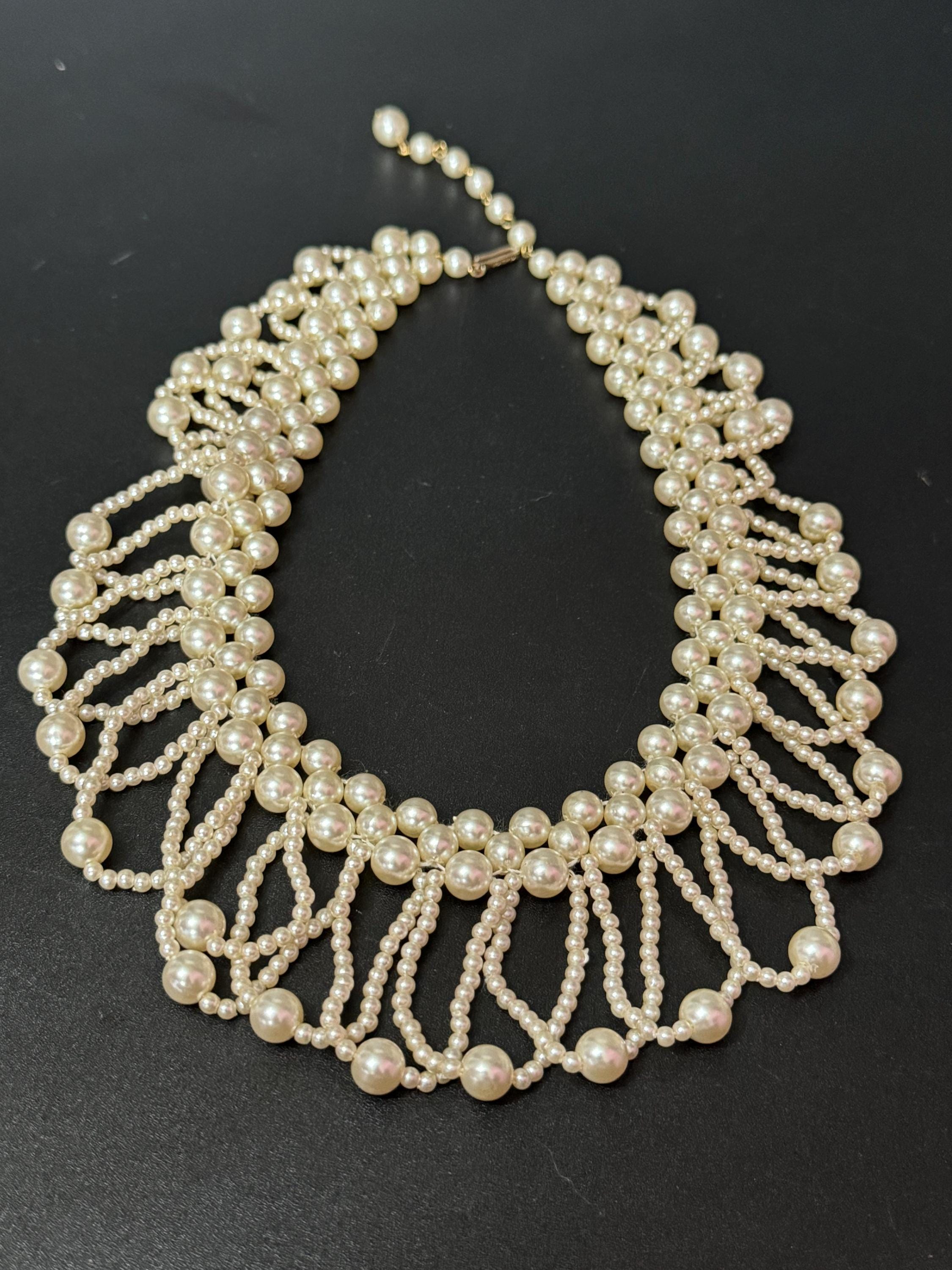 Vintage faux white Plastic round pearl woven multi strand choker collar necklace