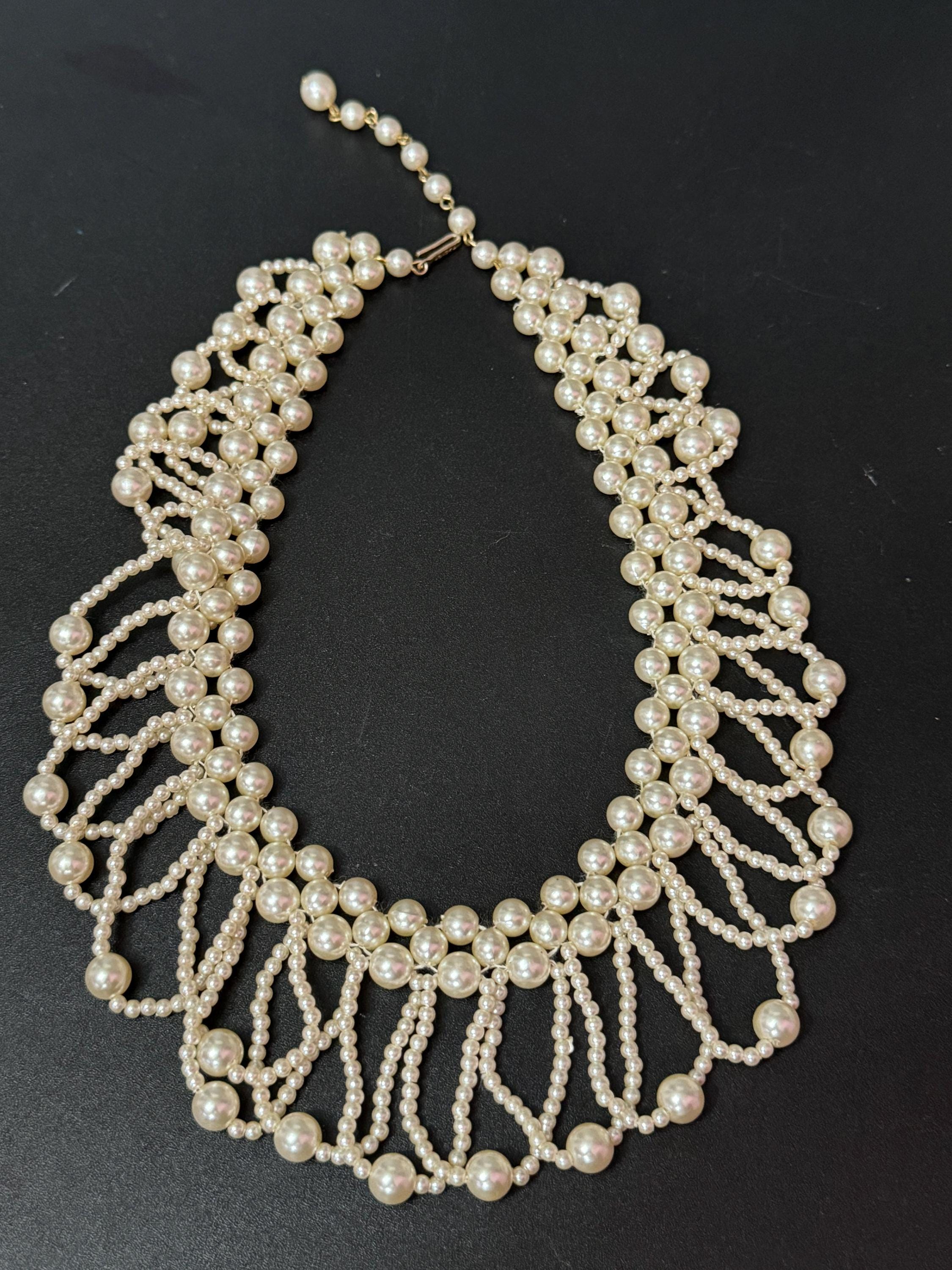 Vintage faux white Plastic round pearl woven multi strand choker collar necklace