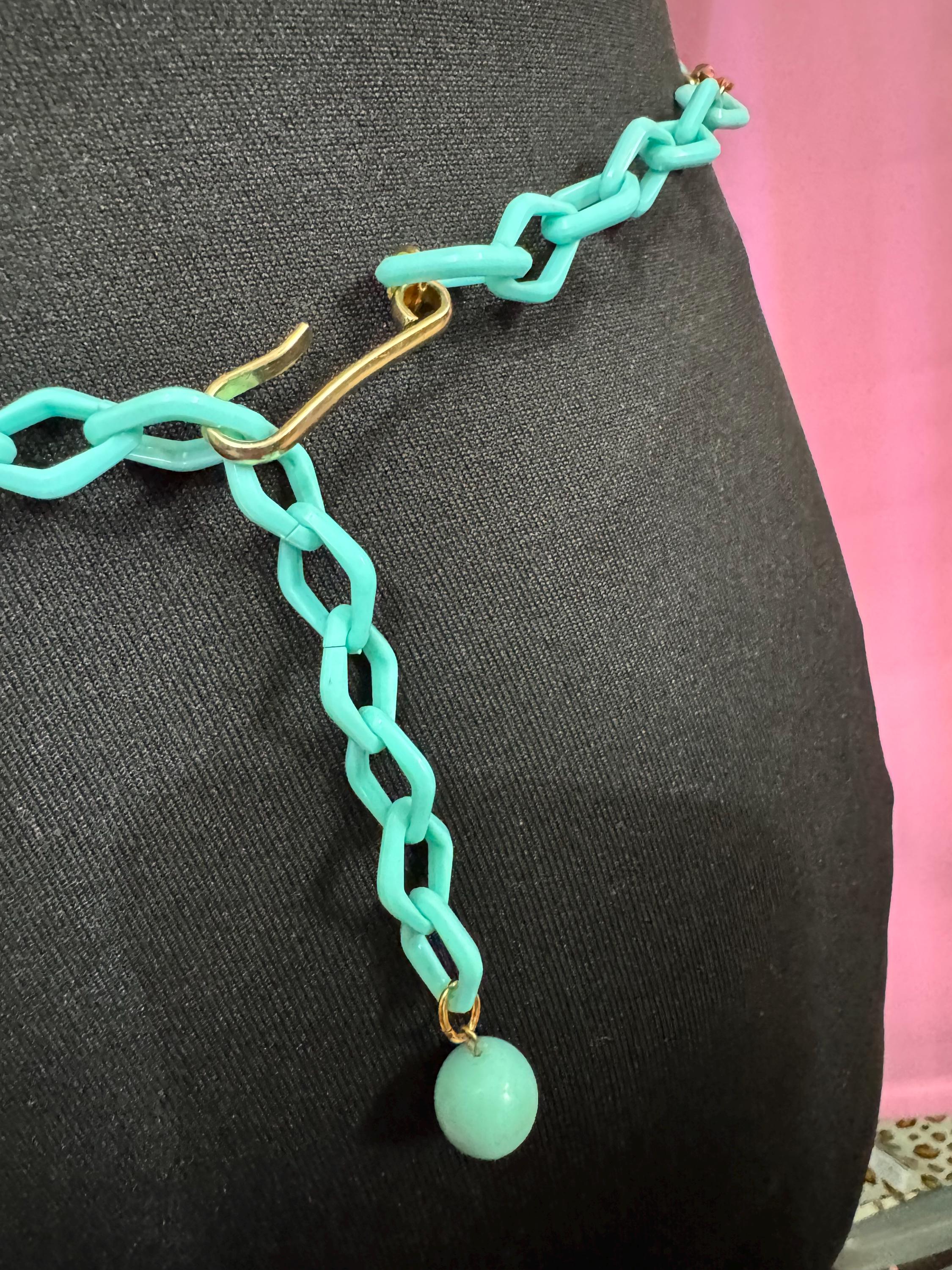 Size to 94cmVintage 1960s 1970s Kitsch turquoise Plastic beaded Adjustable chain Link Ladies Belt mid century