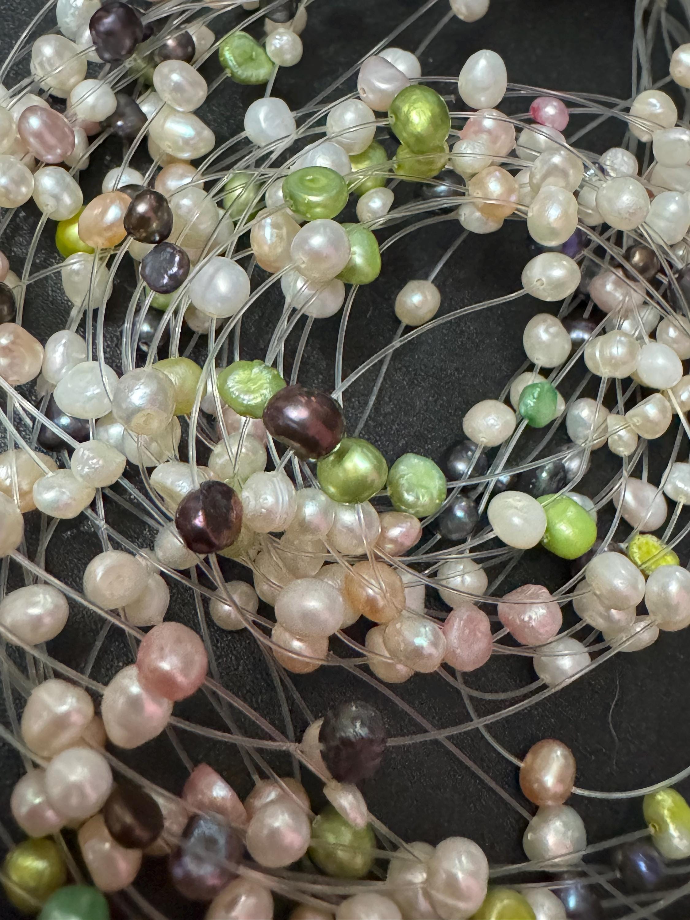 Vintage cream blue green genuine freshwater pearl fine threaded Multistrand bead choker necklace 48cm