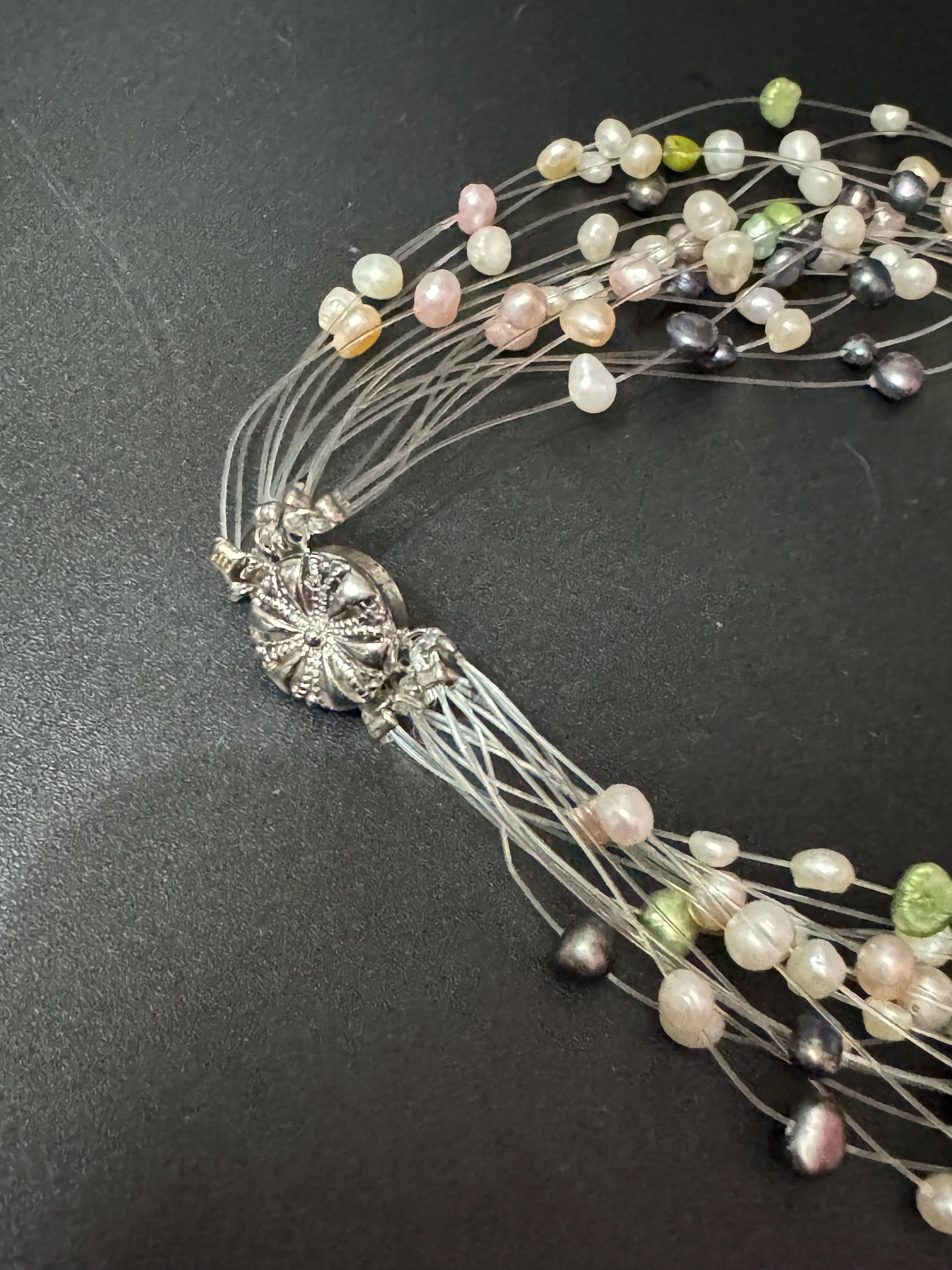 Vintage cream blue green genuine freshwater pearl fine threaded Multistrand bead choker necklace 48cm