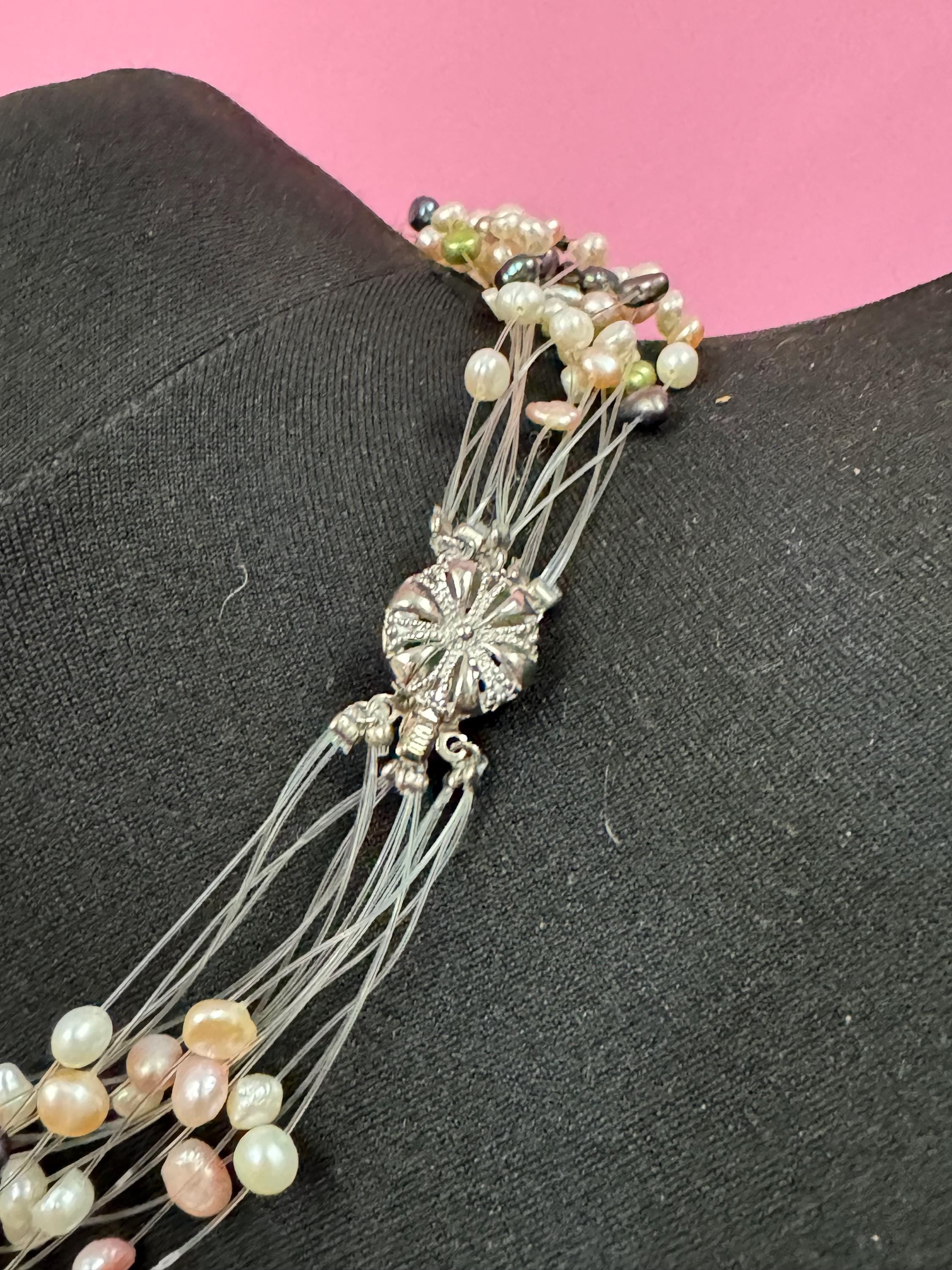Vintage cream blue green genuine freshwater pearl fine threaded Multistrand bead choker necklace 48cm
