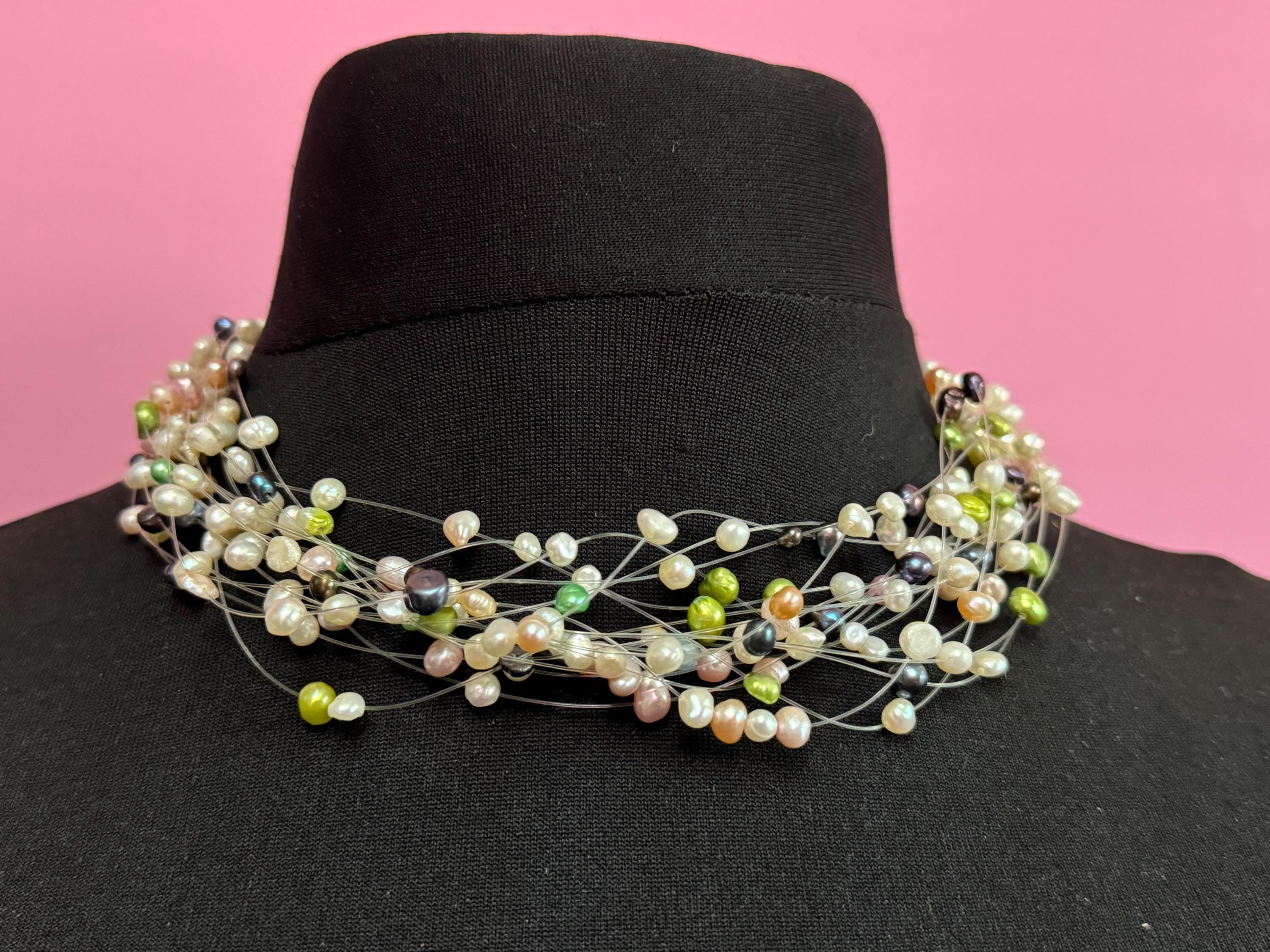Vintage cream blue green genuine freshwater pearl fine threaded Multistrand bead choker necklace 48cm