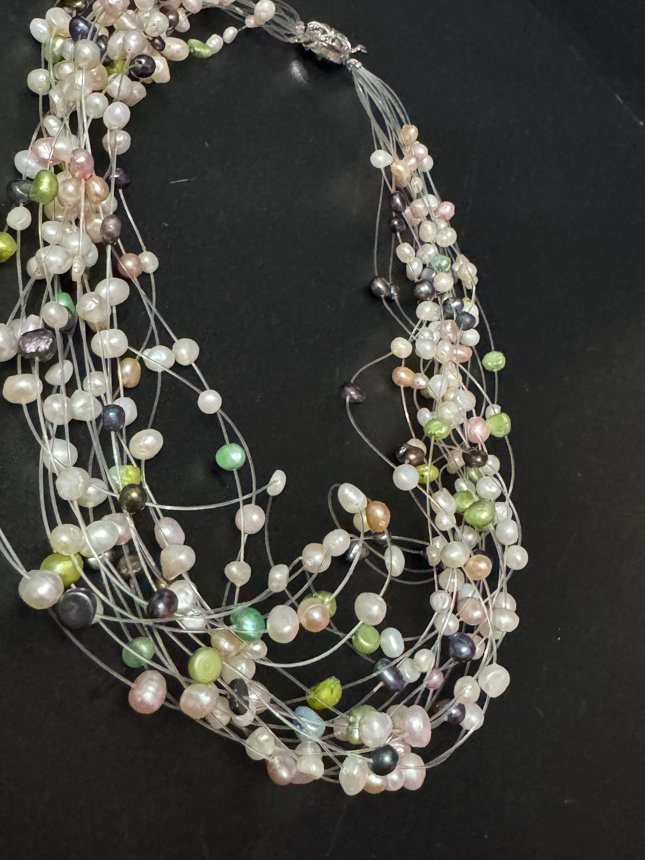 Vintage cream blue green genuine freshwater pearl fine threaded Multistrand bead choker necklace 48cm