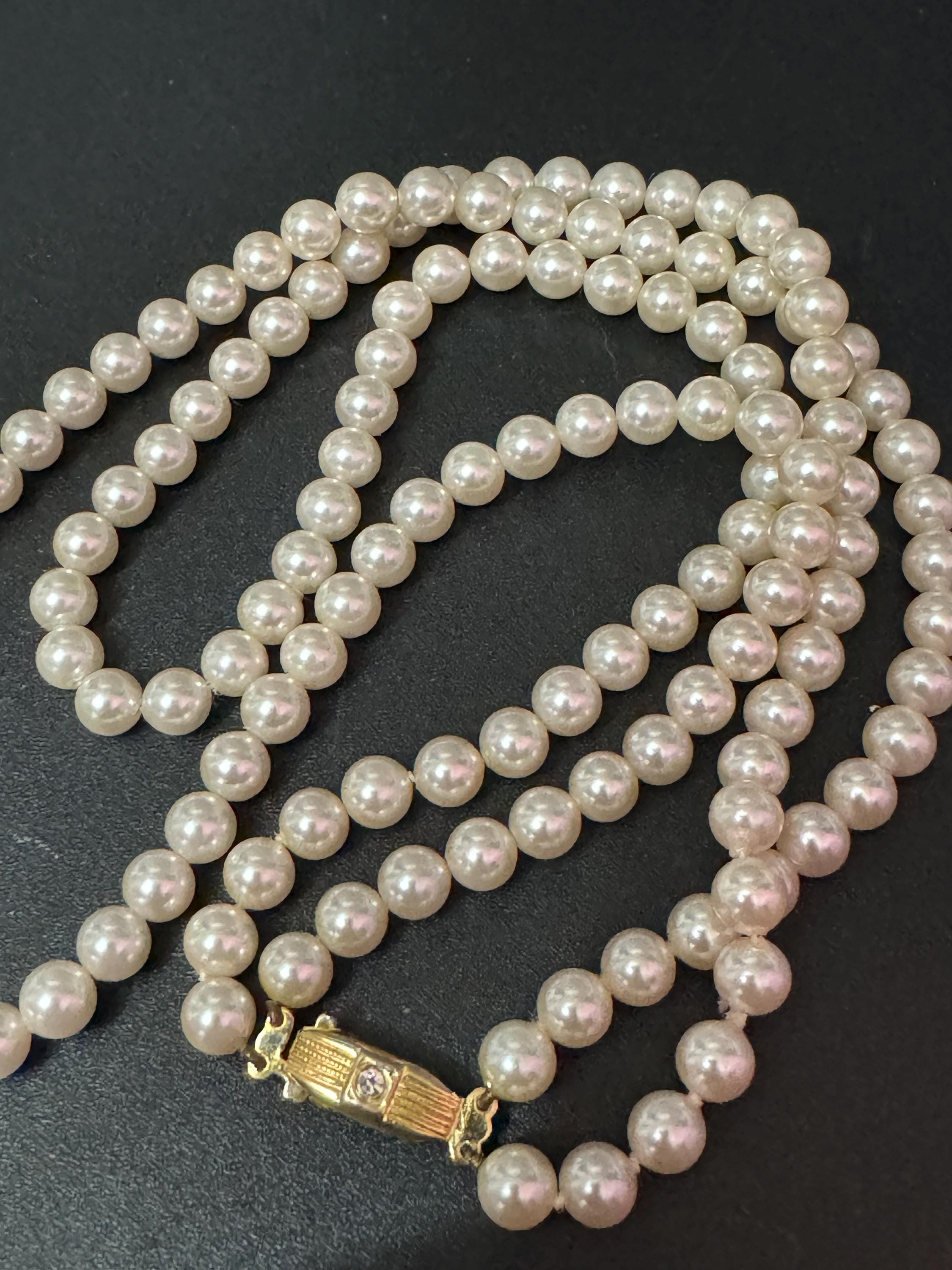 vintage 2 row double strand glass Pearl necklace light cream 44cm gold tone diamanté clasp