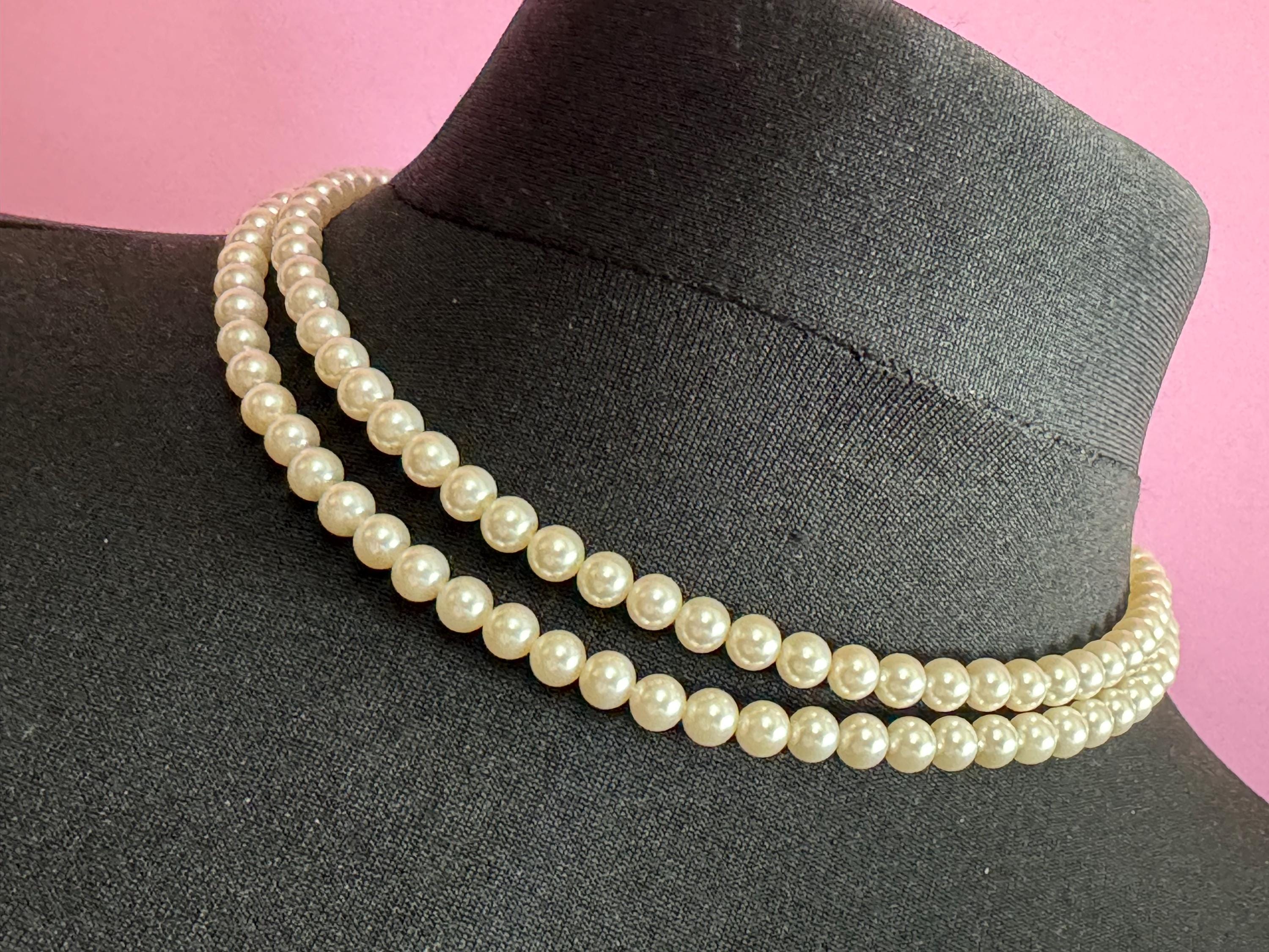 vintage 2 row double strand glass Pearl necklace light cream 44cm gold tone diamanté clasp