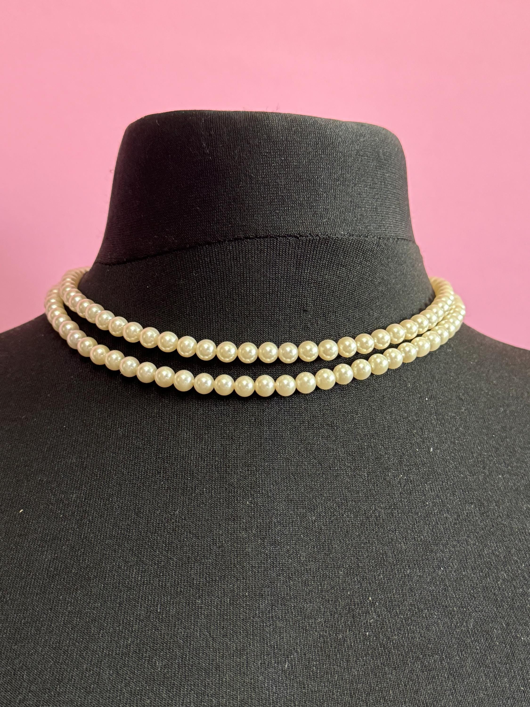 vintage 2 row double strand glass Pearl necklace light cream 44cm gold tone diamanté clasp