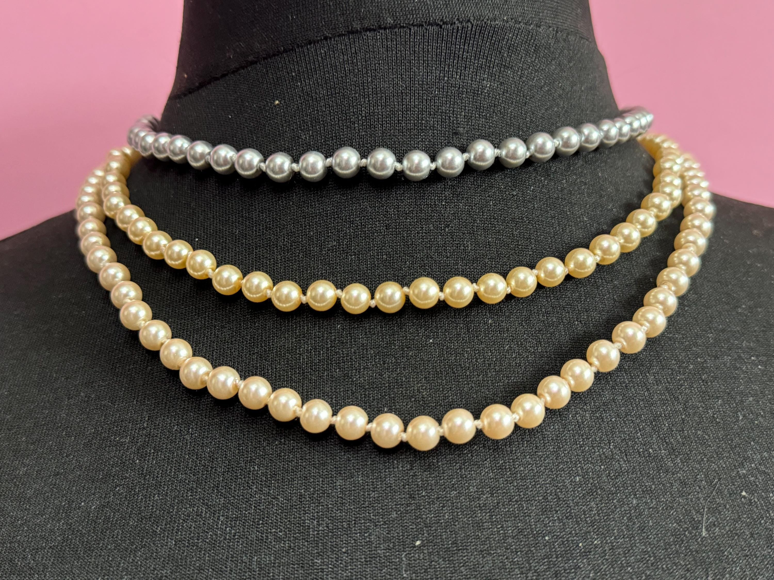 Retro Cream & Grey Knotted Glass Pearl Necklace: Gold Diamanté Clasp, 45cm