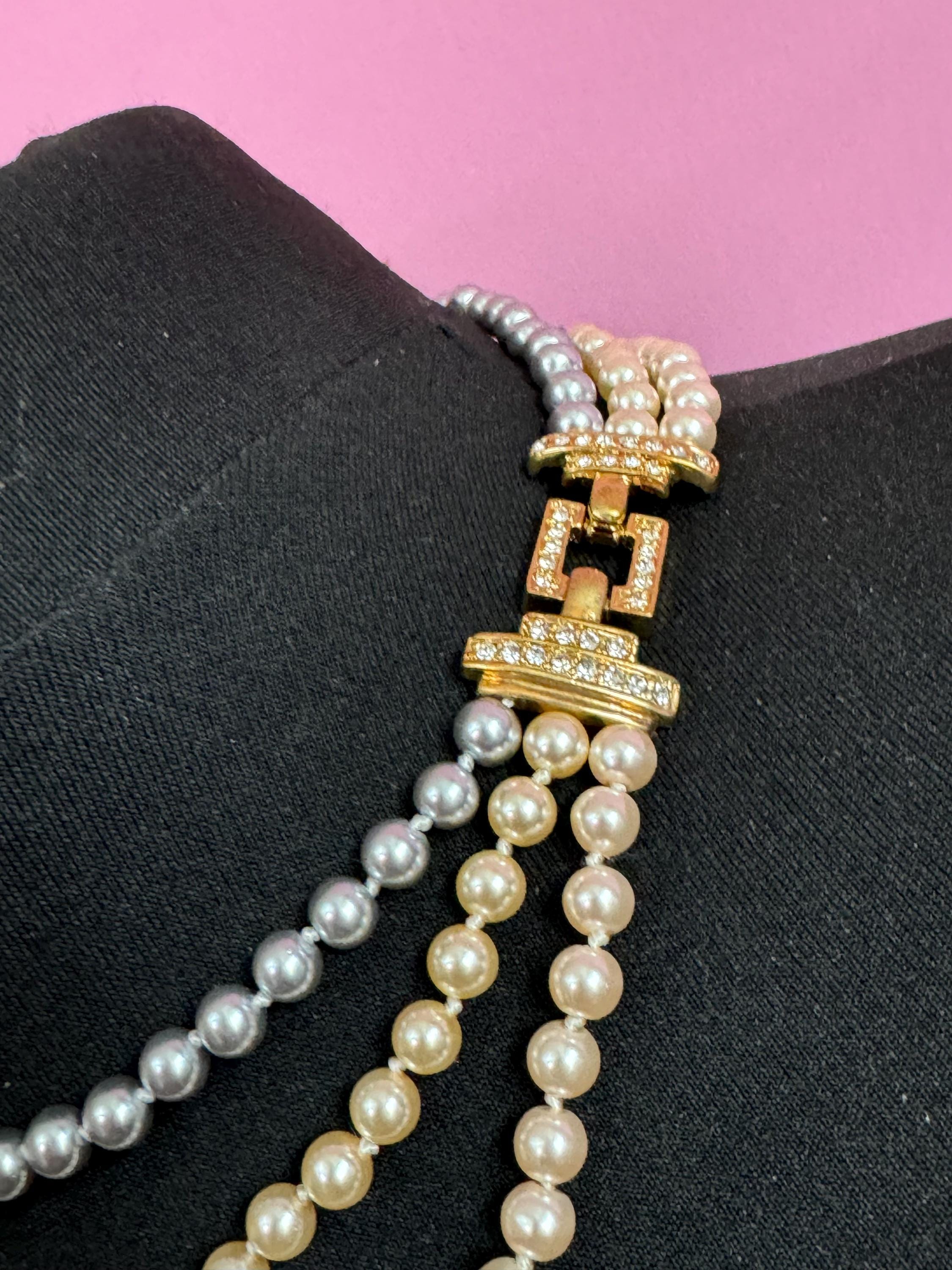 Retro Cream & Grey Knotted Glass Pearl Necklace: Gold Diamanté Clasp, 45cm