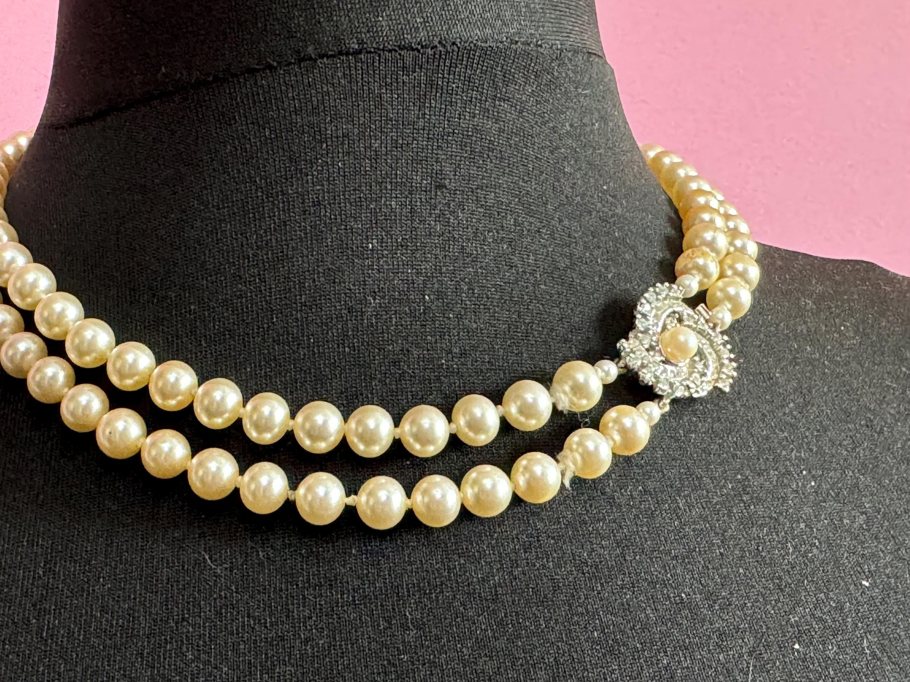 AF vintage 2 row double strand knotted glass Pearl necklace cream 46cm silver tone ornate diamanté clasp