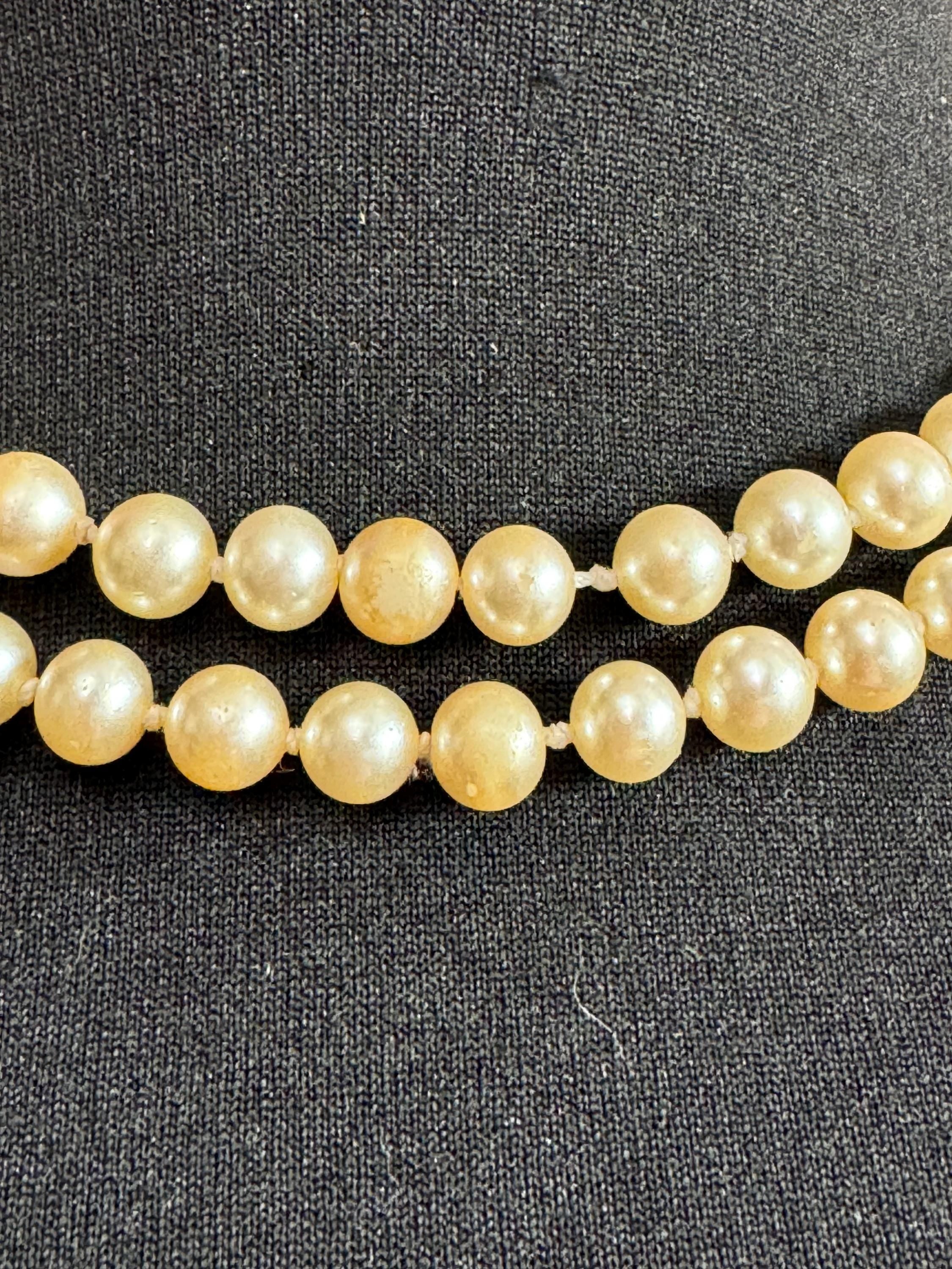 as found Vintage Cream Pearl Necklace: Double Strand Diamanté Clasp