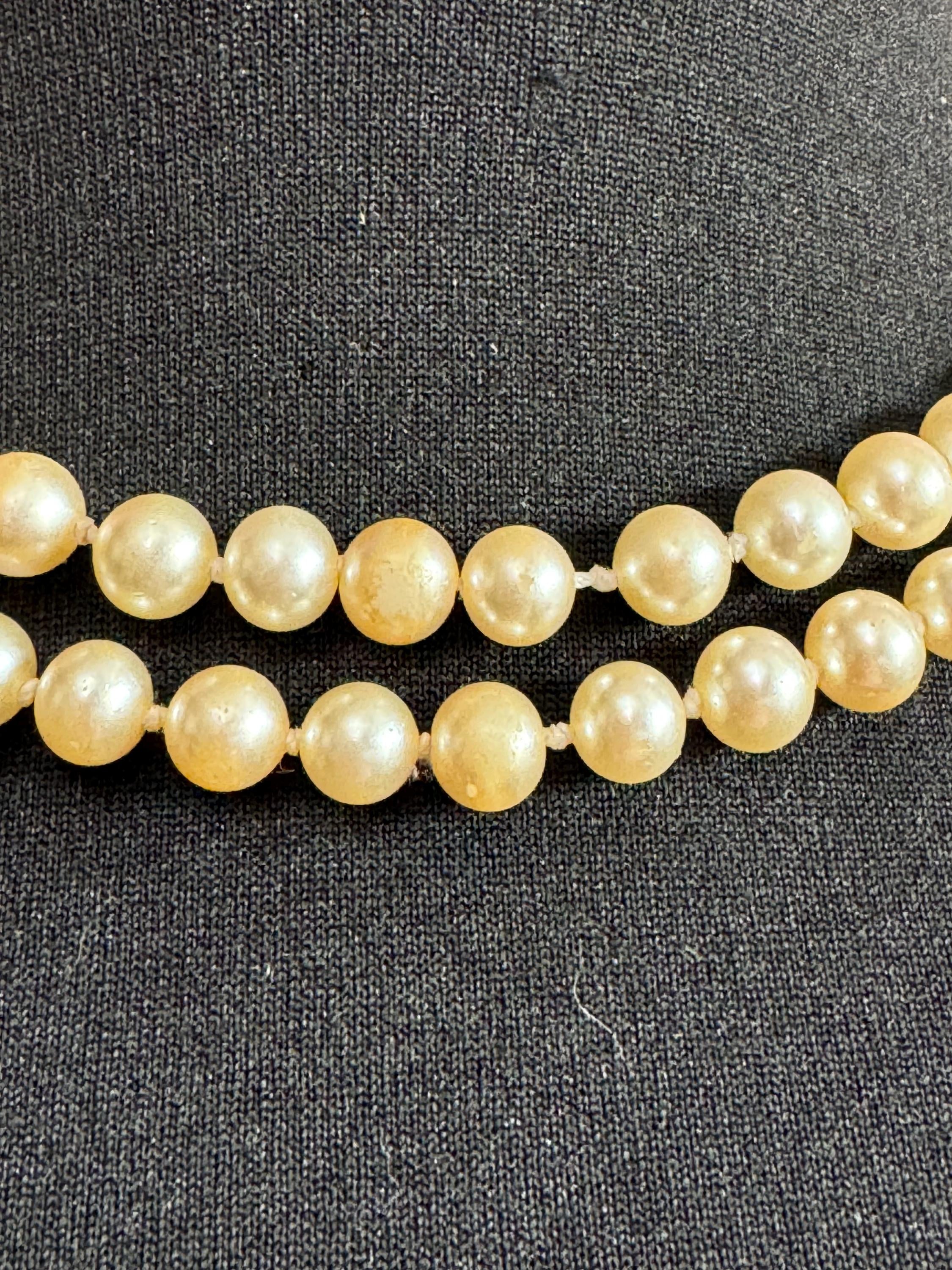 AF vintage 2 row double strand knotted glass Pearl necklace cream 46cm silver tone ornate diamanté clasp